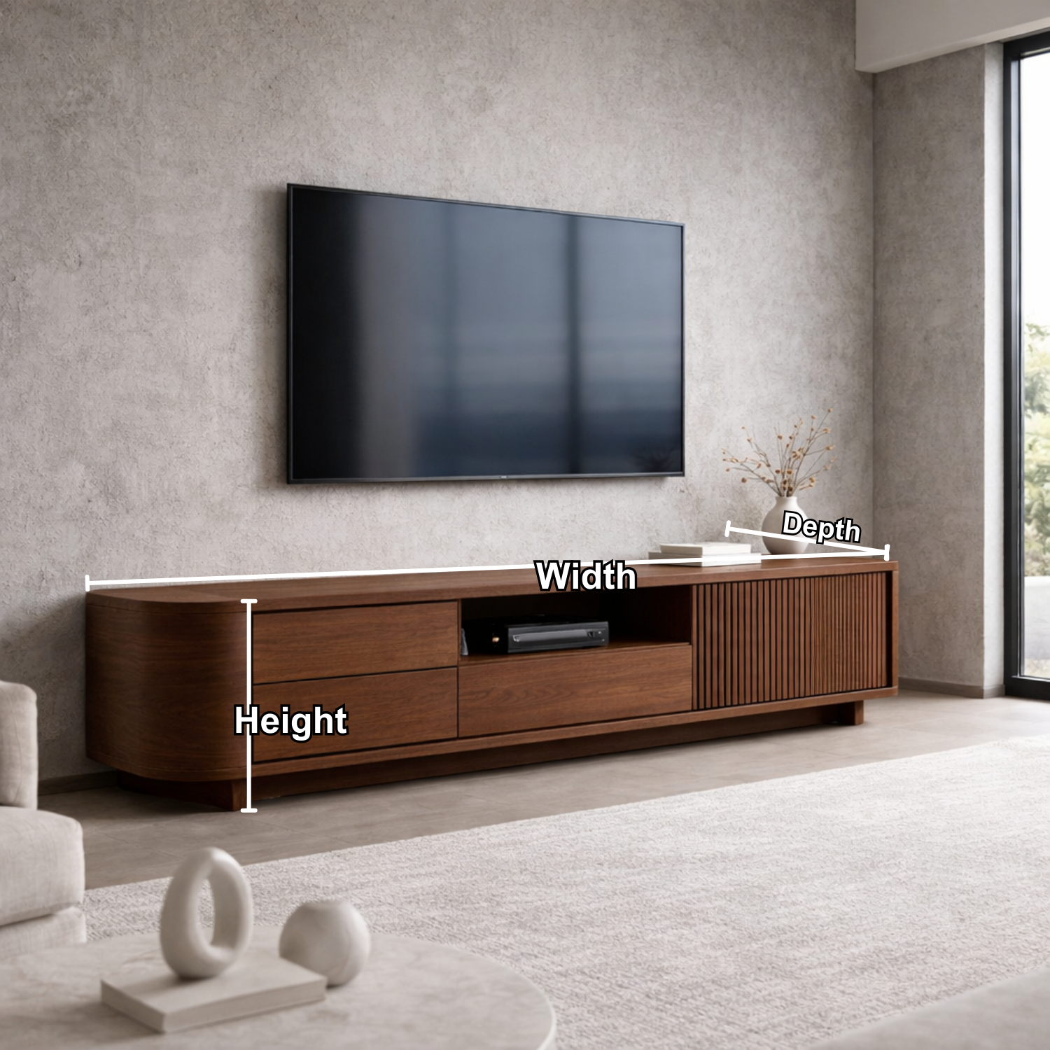 Solid Wood TV Stand with Slatted Door and Drawers – Modern Extra Long Media Console