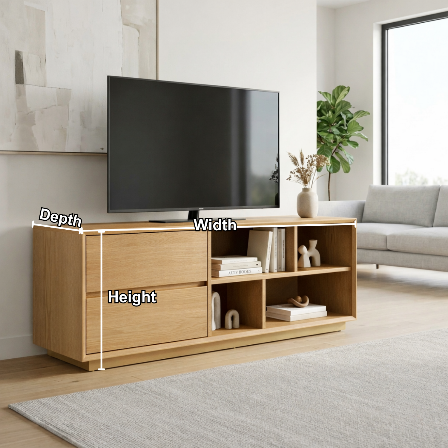 Modern Solid Wood TV Stand with Storage Drawers and Open Shelves – Minimalist Media Console