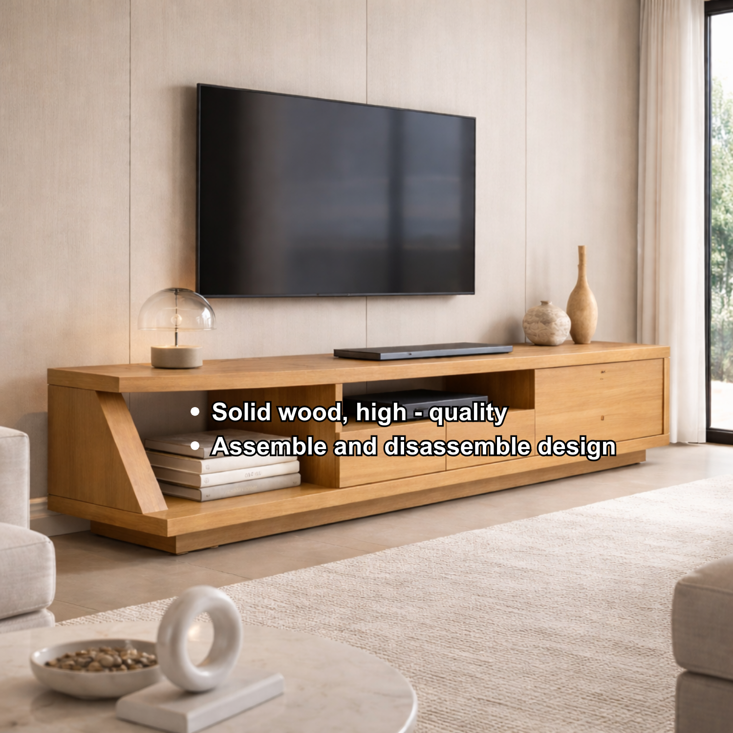 Solid Wood TV Stand with Angled Side Panel and Open Shelf – Modern Long Media Console