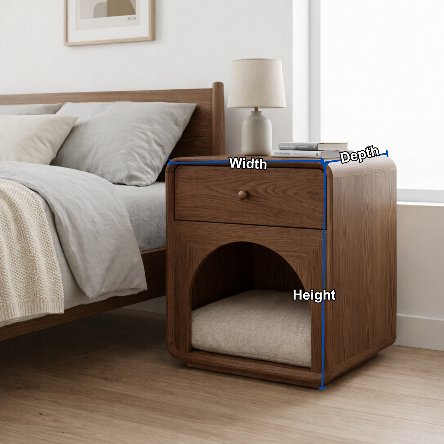 Solid Wood Nightstand with Cat Bed Nook – Modern Bedside Table with Drawer