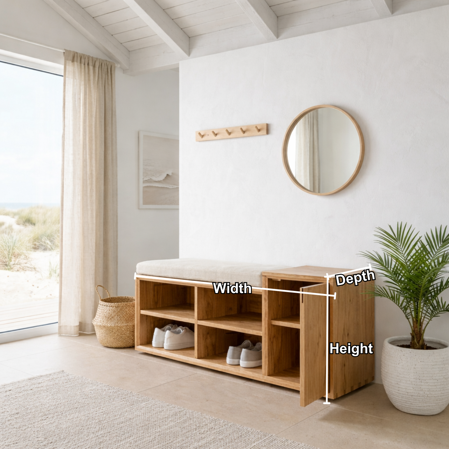 Solid Wood Shoe Storage Bench with Open Shelves & Side Cabinet – Entryway Shoe Bench