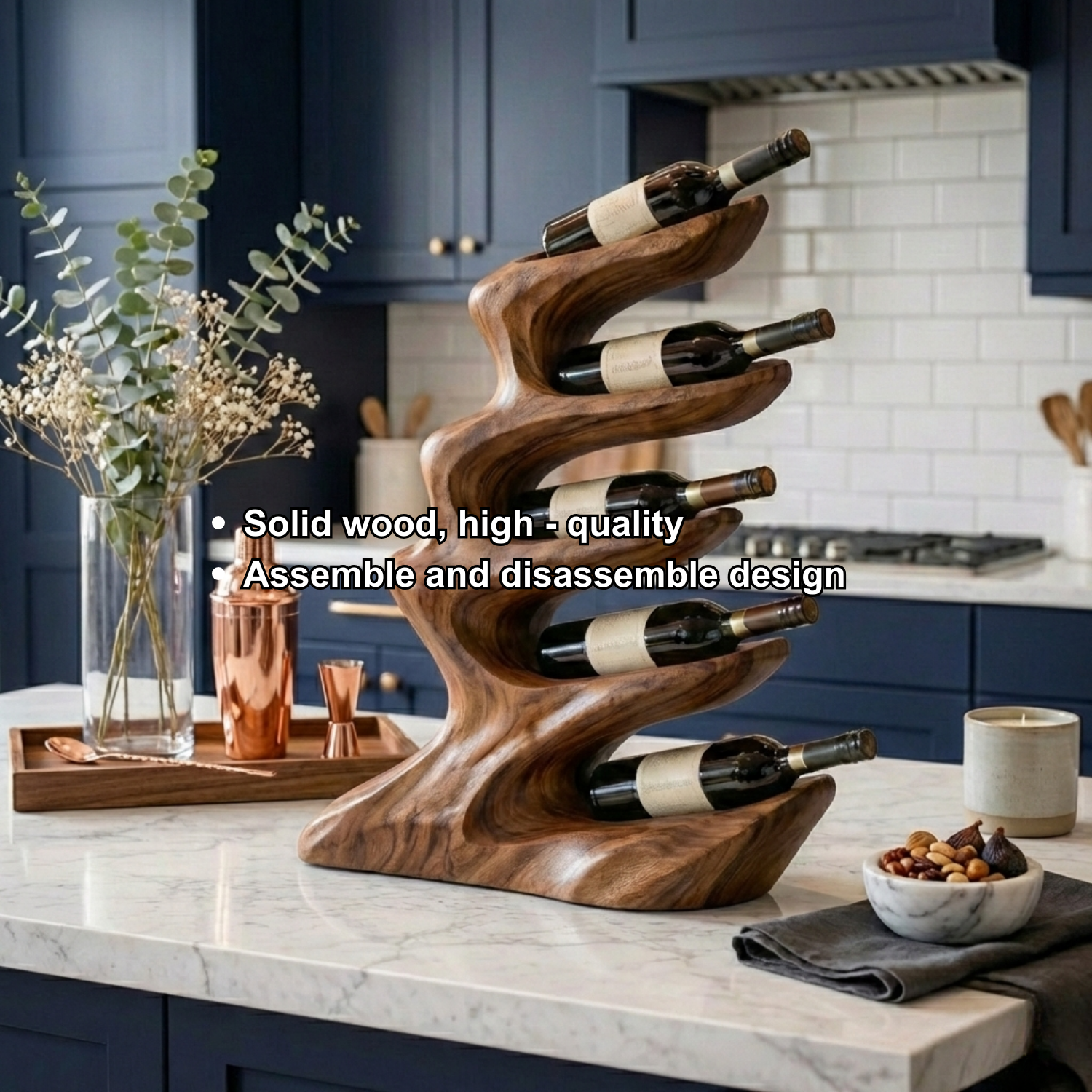 Handcrafted Solid Wood Wine Holder – Sculptural Wave Countertop Wine Rack