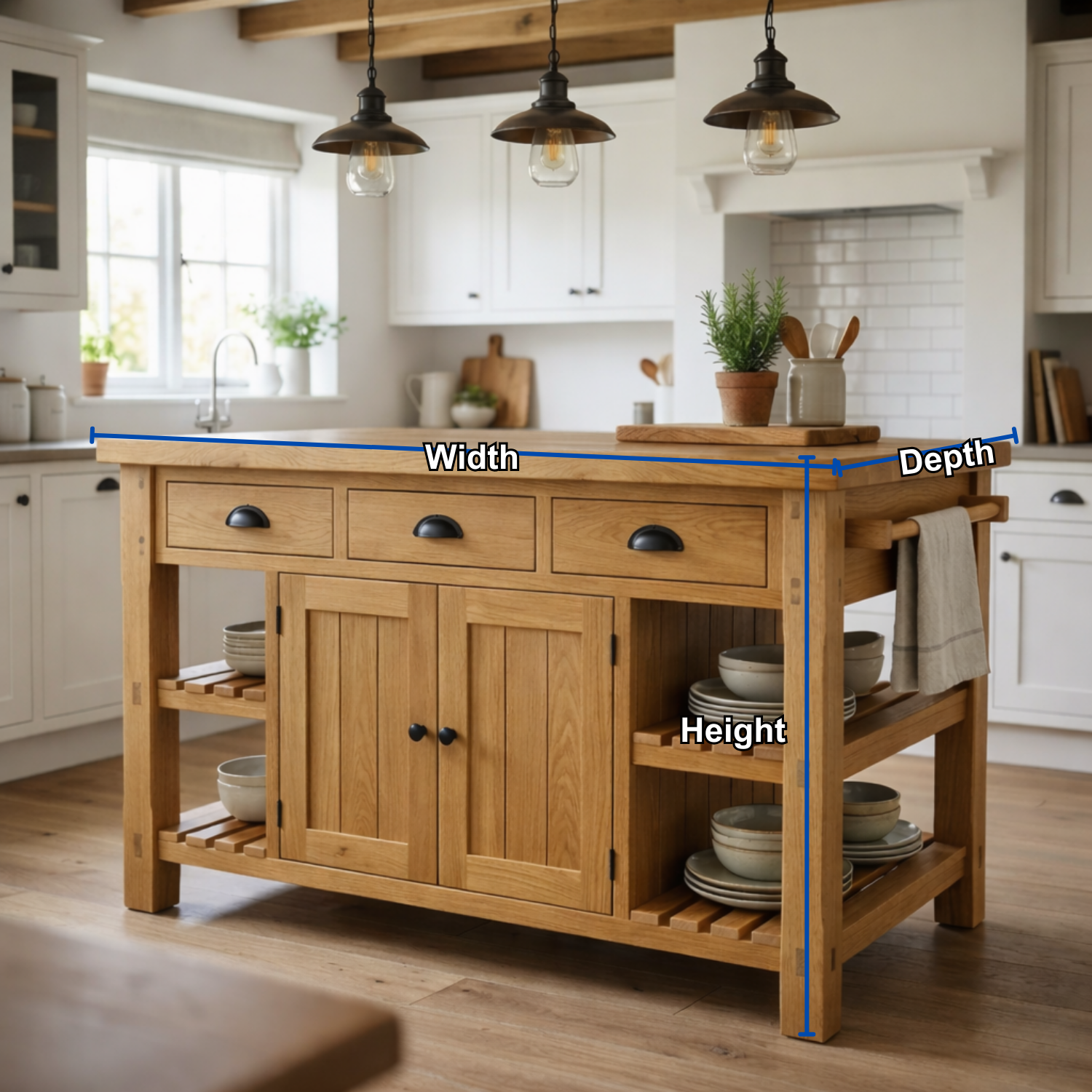 Farmhouse Solid Wood Kitchen Island with 3 Drawers, Cabinet and Open Shelves