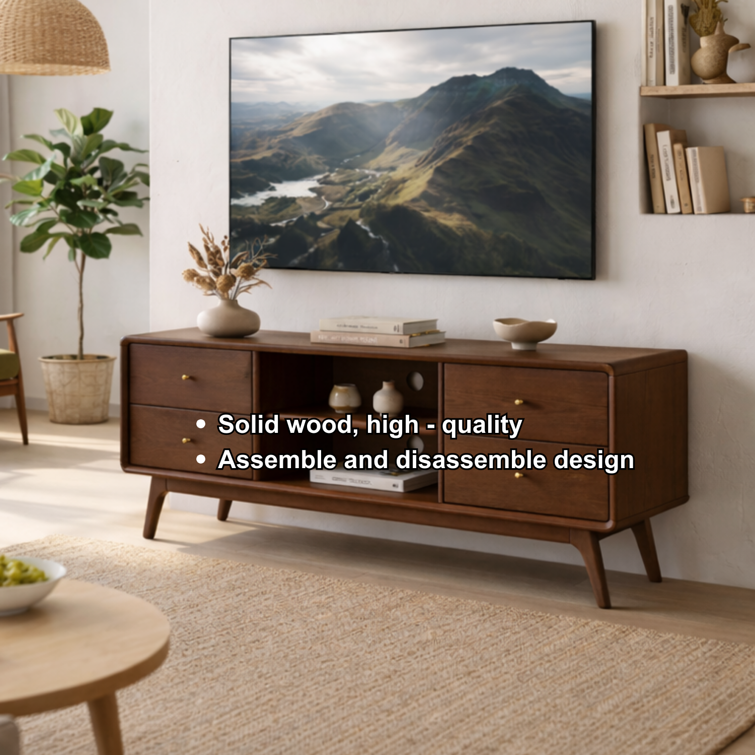 Solid Wood TV Stand with Drawers and Open Shelf – Mid-Century Modern Media Console