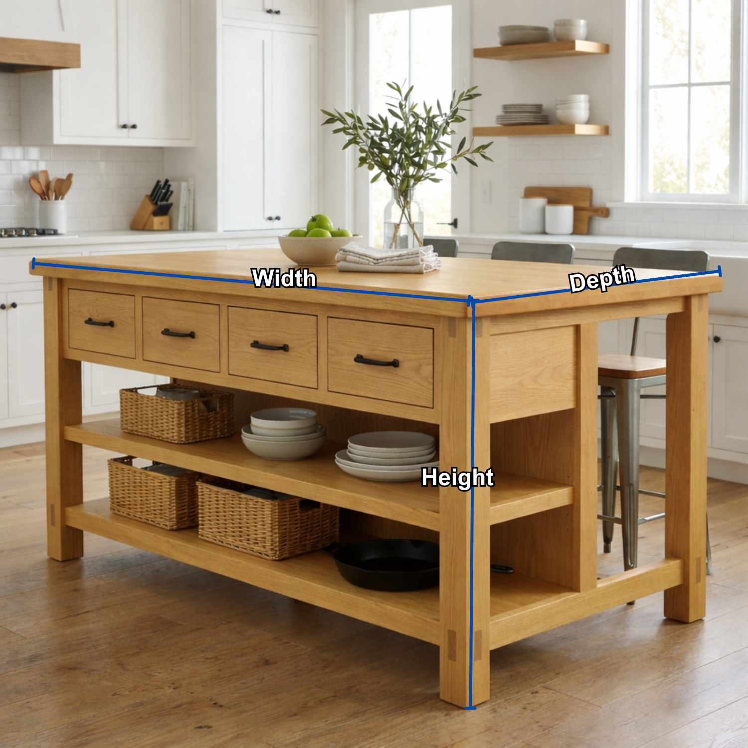 Solid Wood Kitchen Island with Drawers and Open Shelves – Farmhouse Butcher Block Prep Table