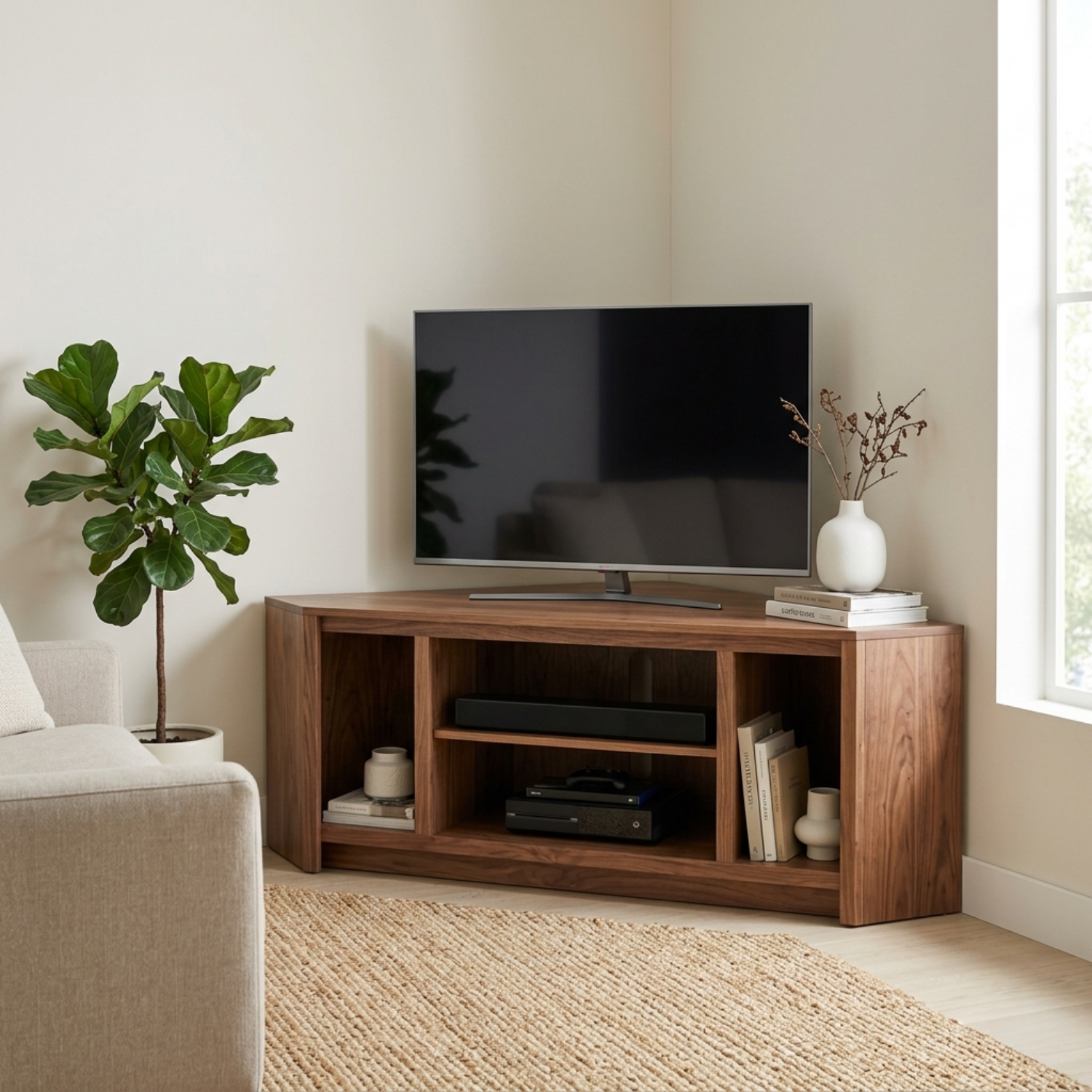 Solid Wood Corner TV Stand with Open Compartments – Modern Corner Media Console