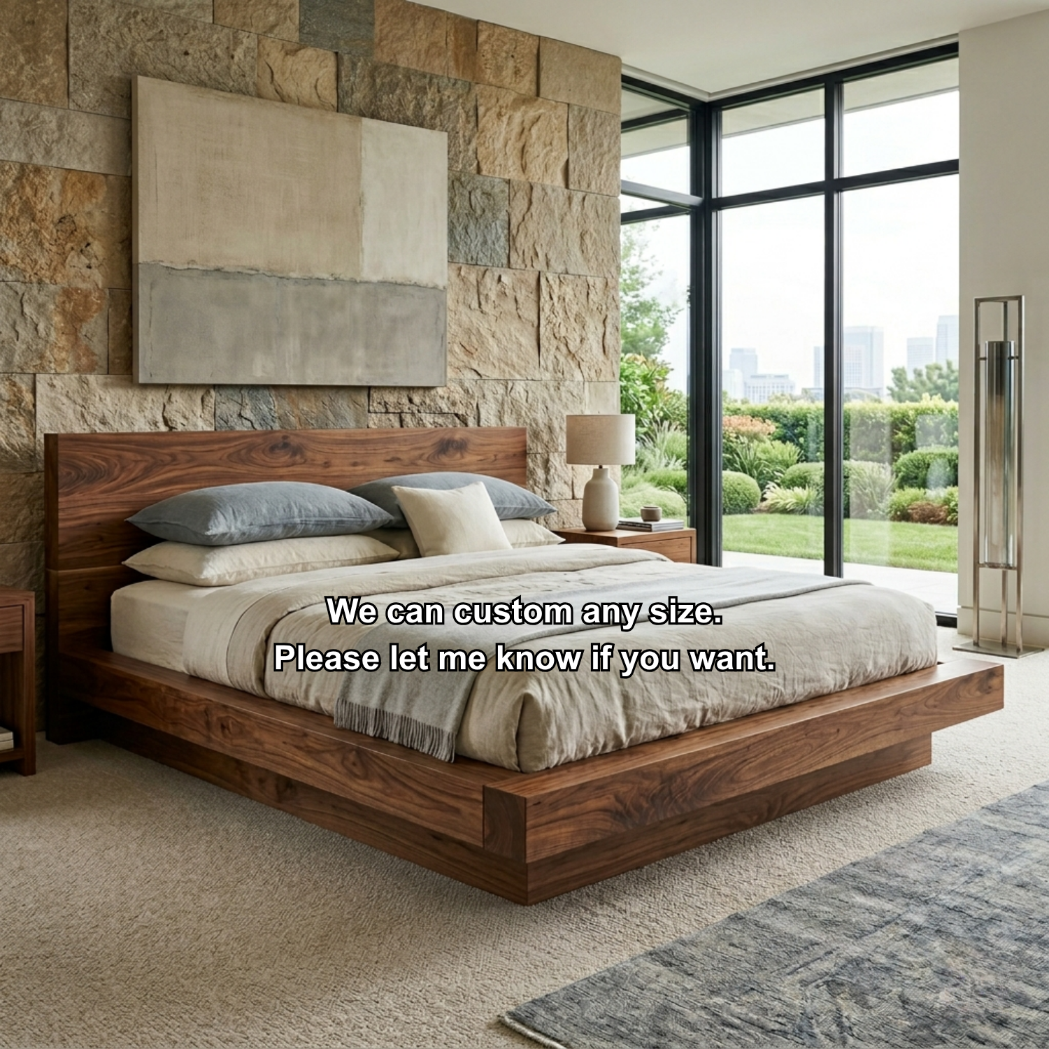 Solid Wood Platform Bed Frame with Thick Frame Base and Wide Panel Headboard