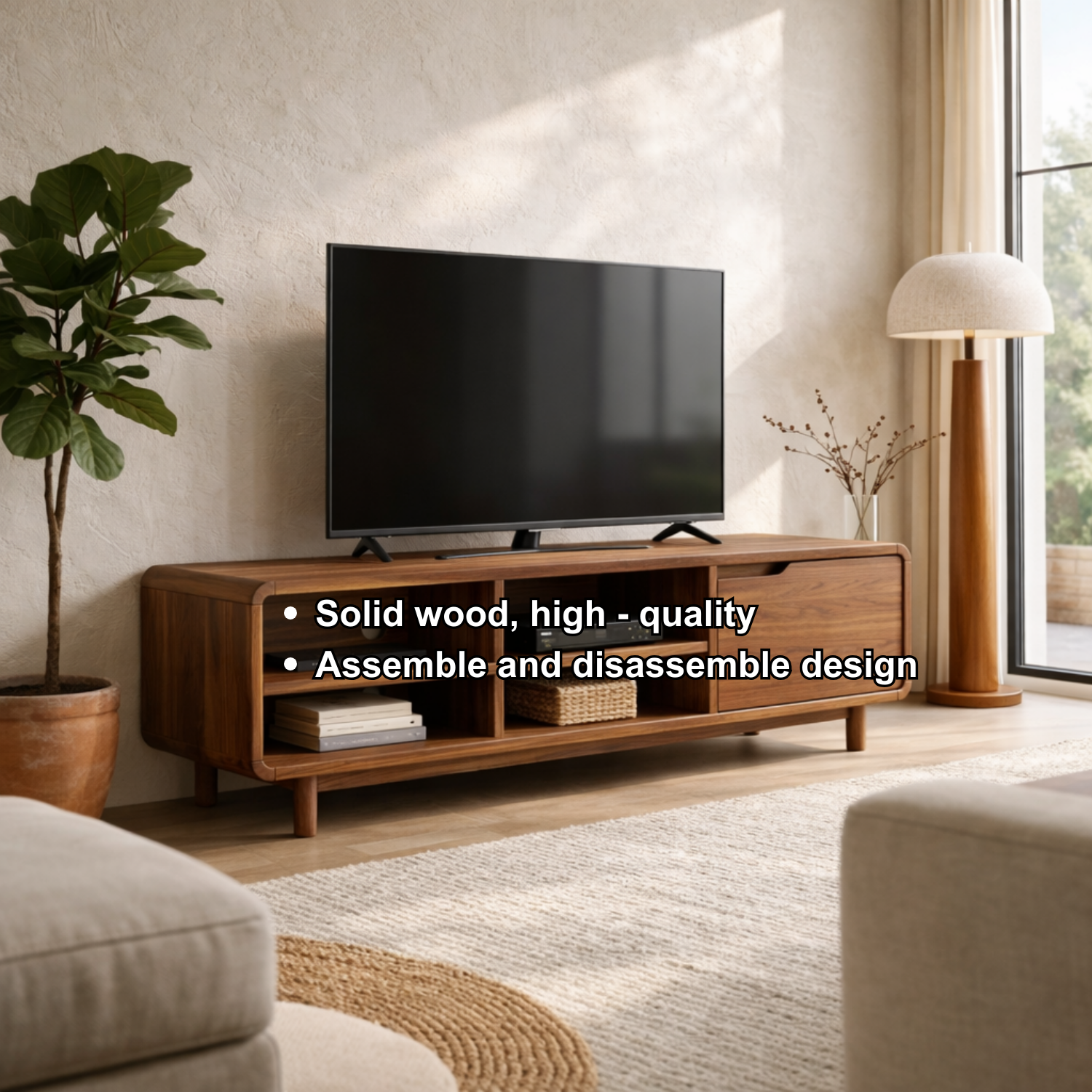 Solid Wood TV Stand with Open Shelves and Sliding Door – Mid-Century Modern Media Console