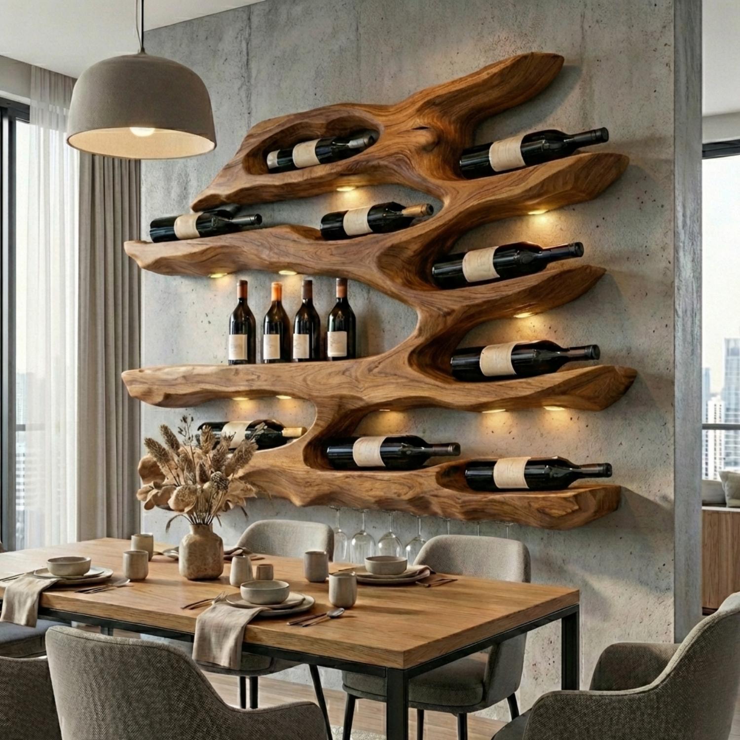 Handcrafted Solid Wood Wall Wine Holder – Live Edge Sculptural Wine Rack with Glass Holder