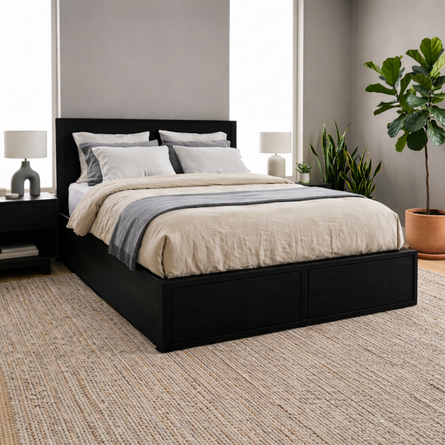 Solid Wood Storage Platform Bed Frame with Built-In Footboard Drawers