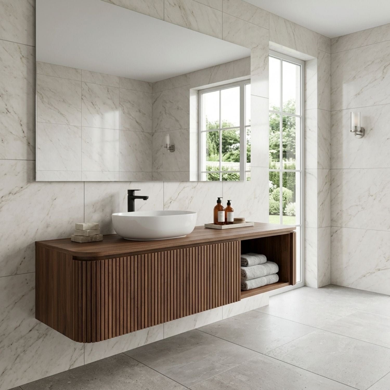 Floating Bathroom Vanity with Fluted Wood Front and Open Shelf Storage