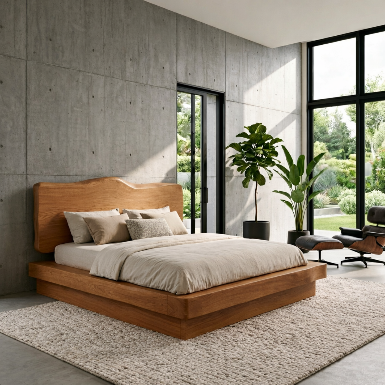 Live Edge Solid Wood Platform Bed Frame with Sculpted Natural Headboard
