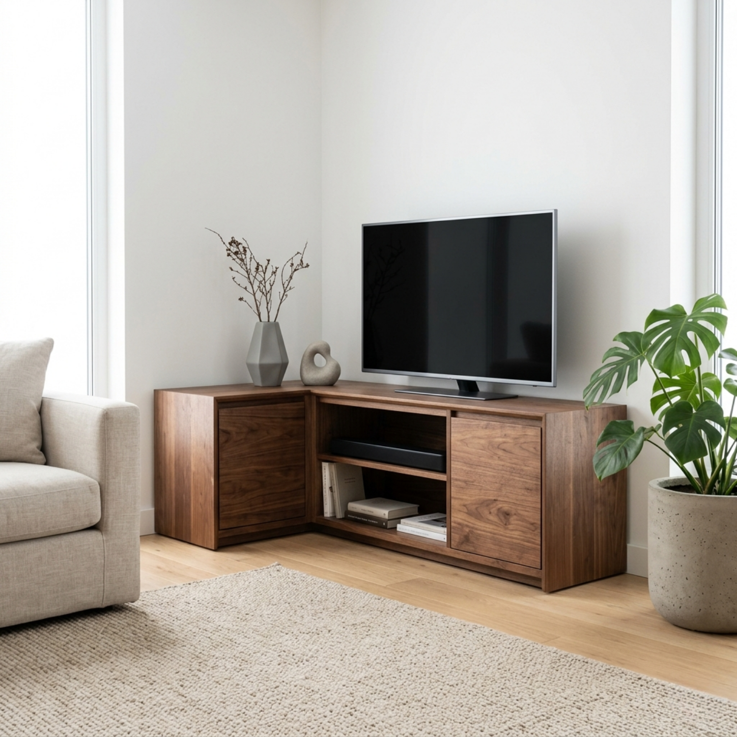 Solid Wood Corner TV Stand with Cabinet Storage and Open Media Shelves