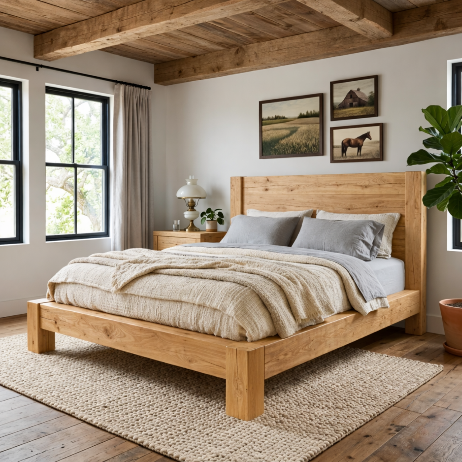 Rustic Solid Wood Bed Frame with Thick Block Legs and Panel Headboard