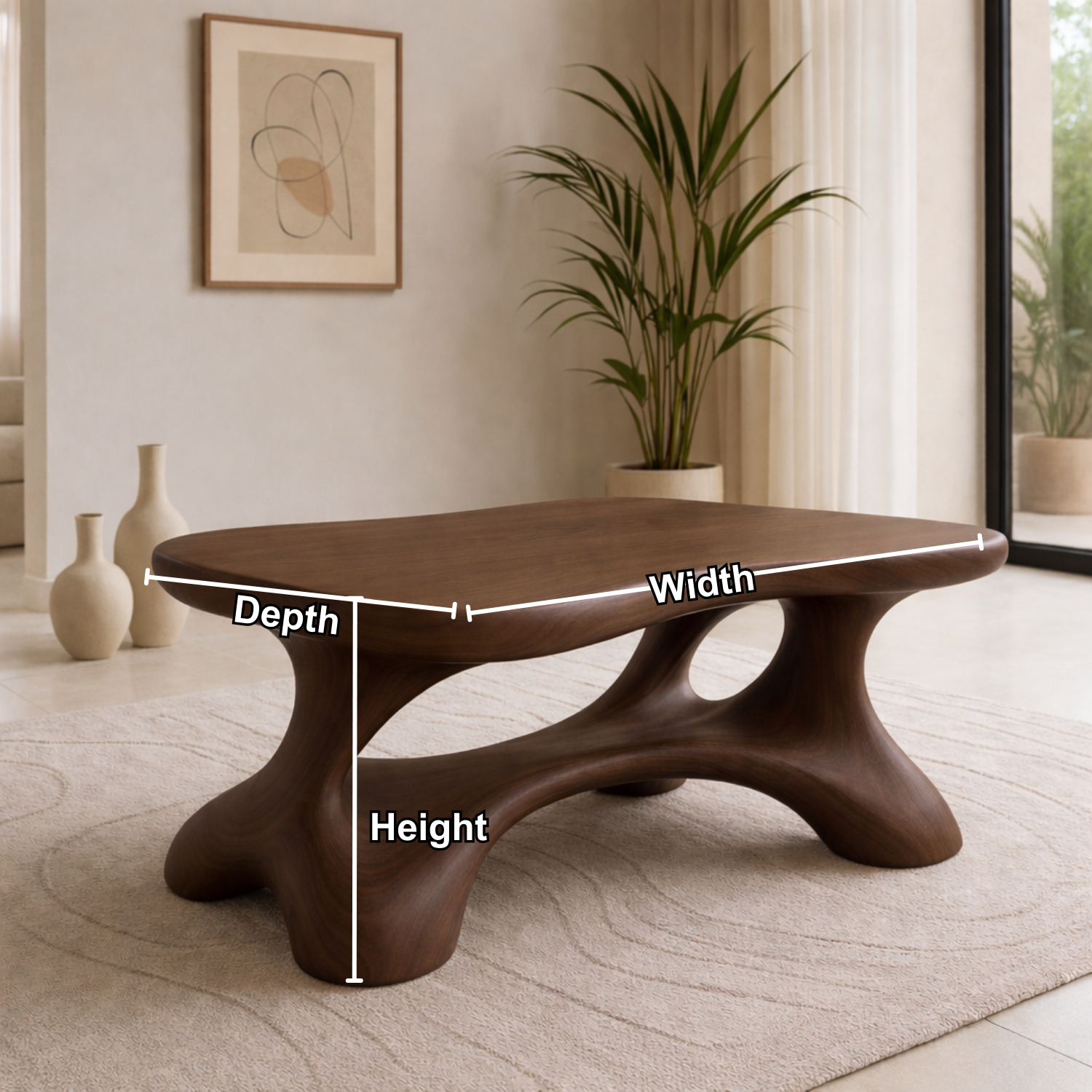 Solid Wood Sculptural Coffee Table with Organic Curved Base