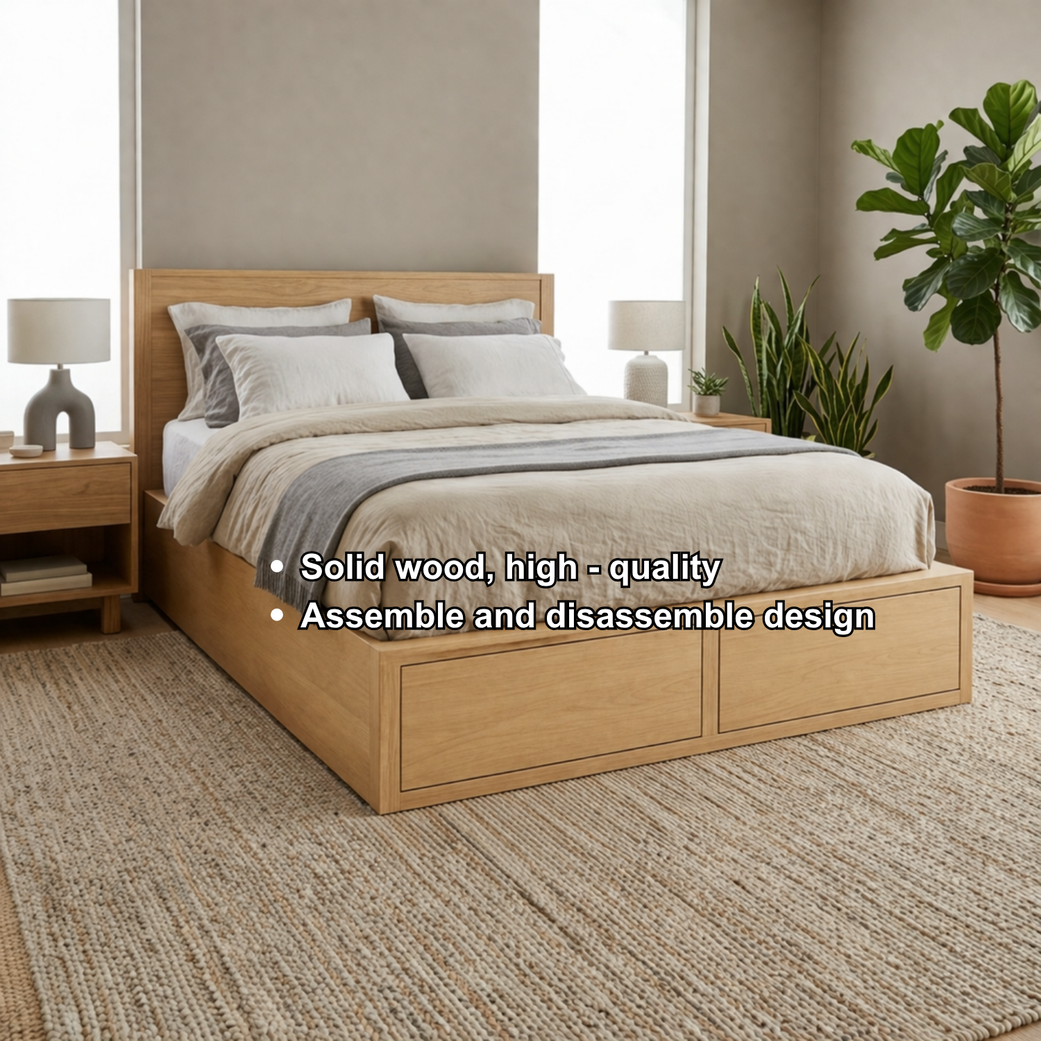 Solid Wood Storage Platform Bed Frame with Built-In Footboard Drawers