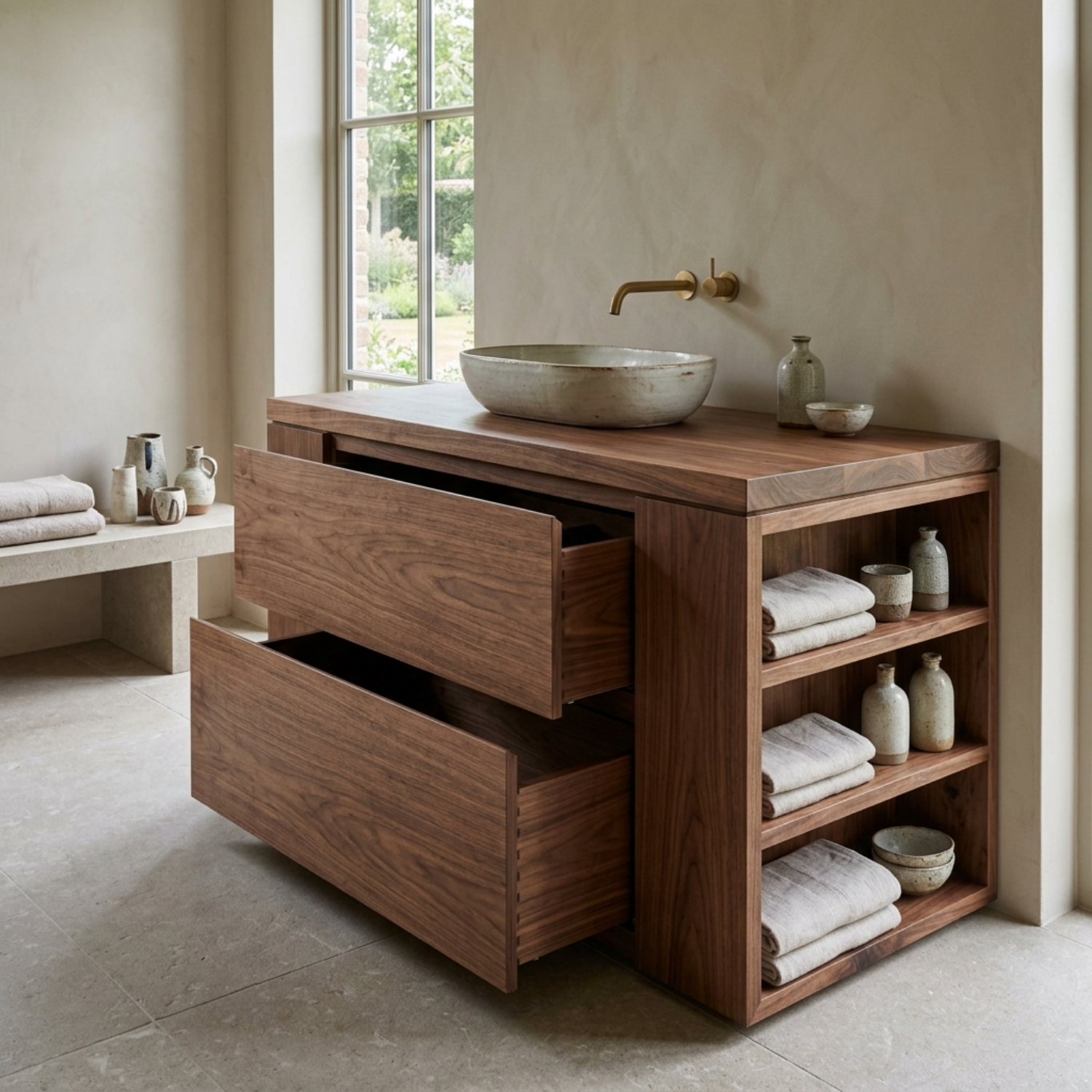 Solid Wood Bathroom Vanity with Double Drawers and Side Open Storage Shelves