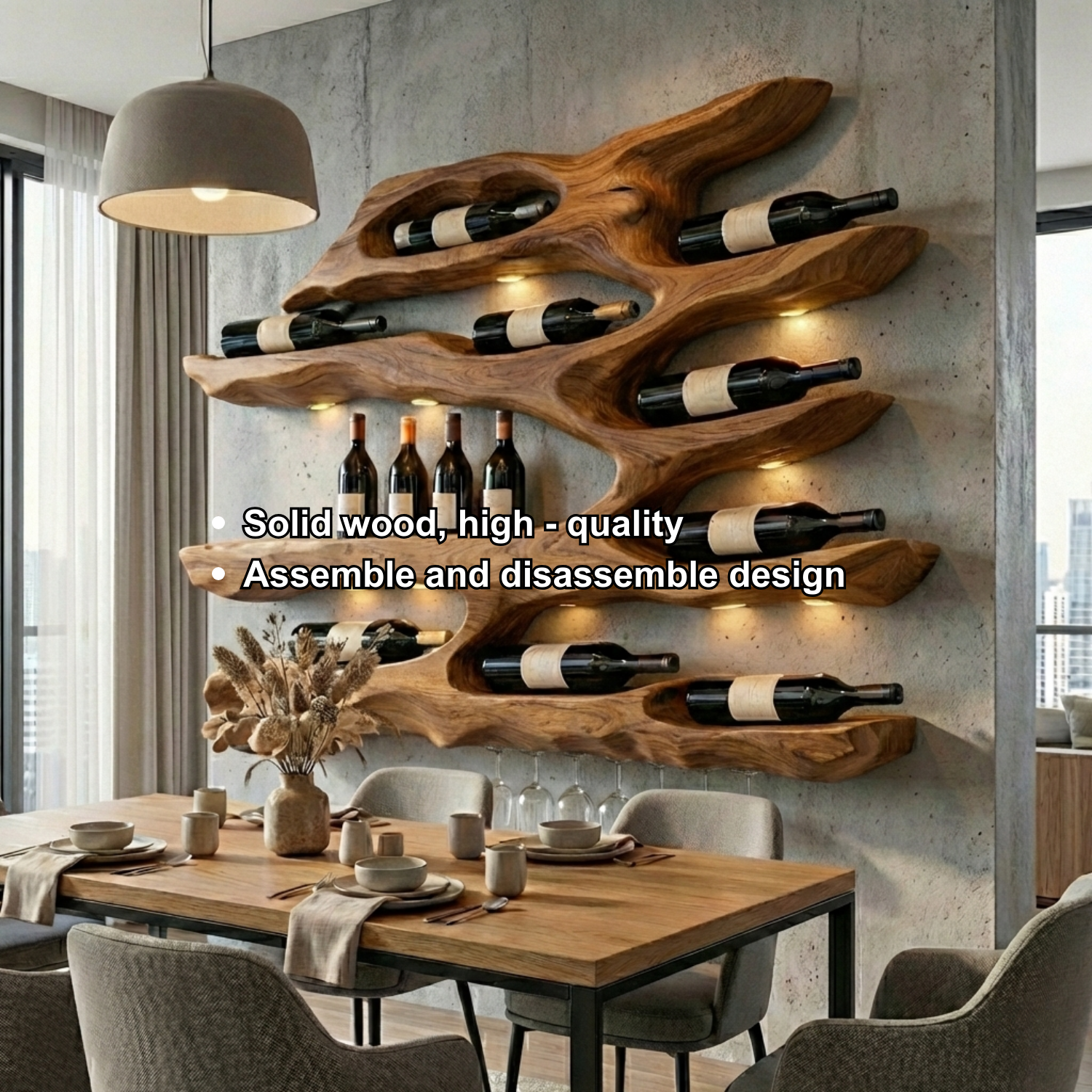 Handcrafted Solid Wood Wall Wine Holder – Live Edge Sculptural Wine Rack with Glass Holder