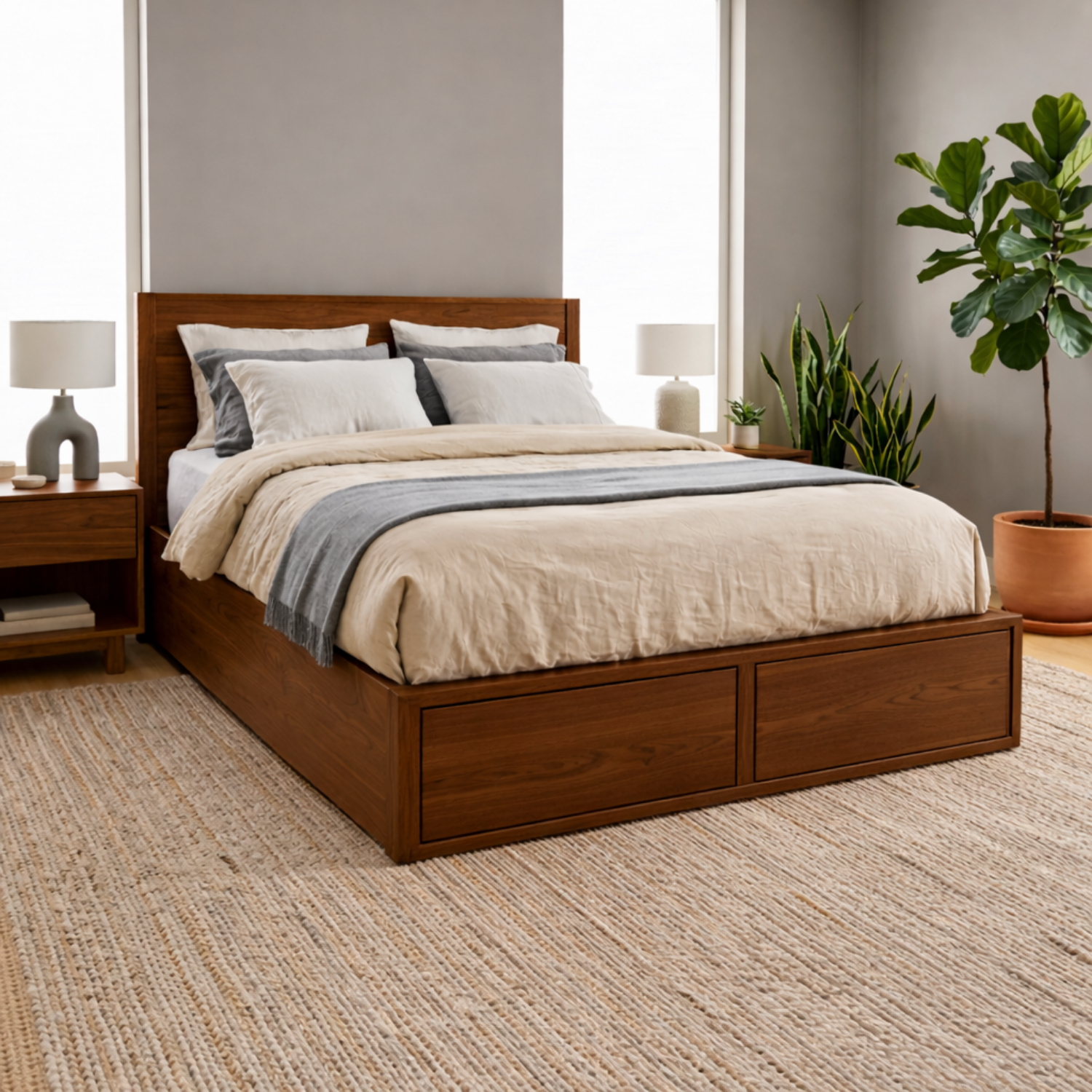 Solid Wood Storage Platform Bed Frame with Built-In Footboard Drawers
