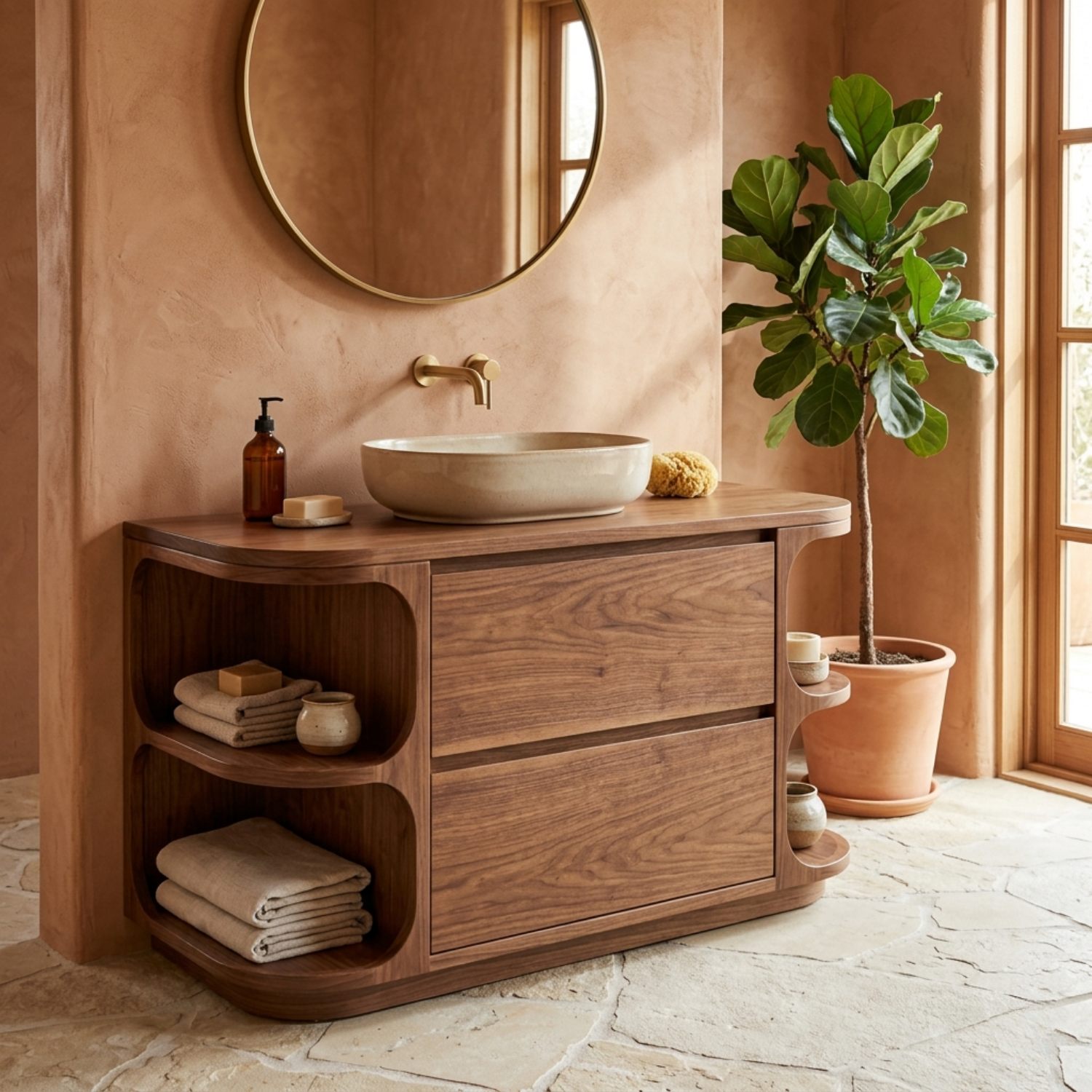 Solid Wood Bathroom Vanity with Curved Side Shelves and Two Drawers