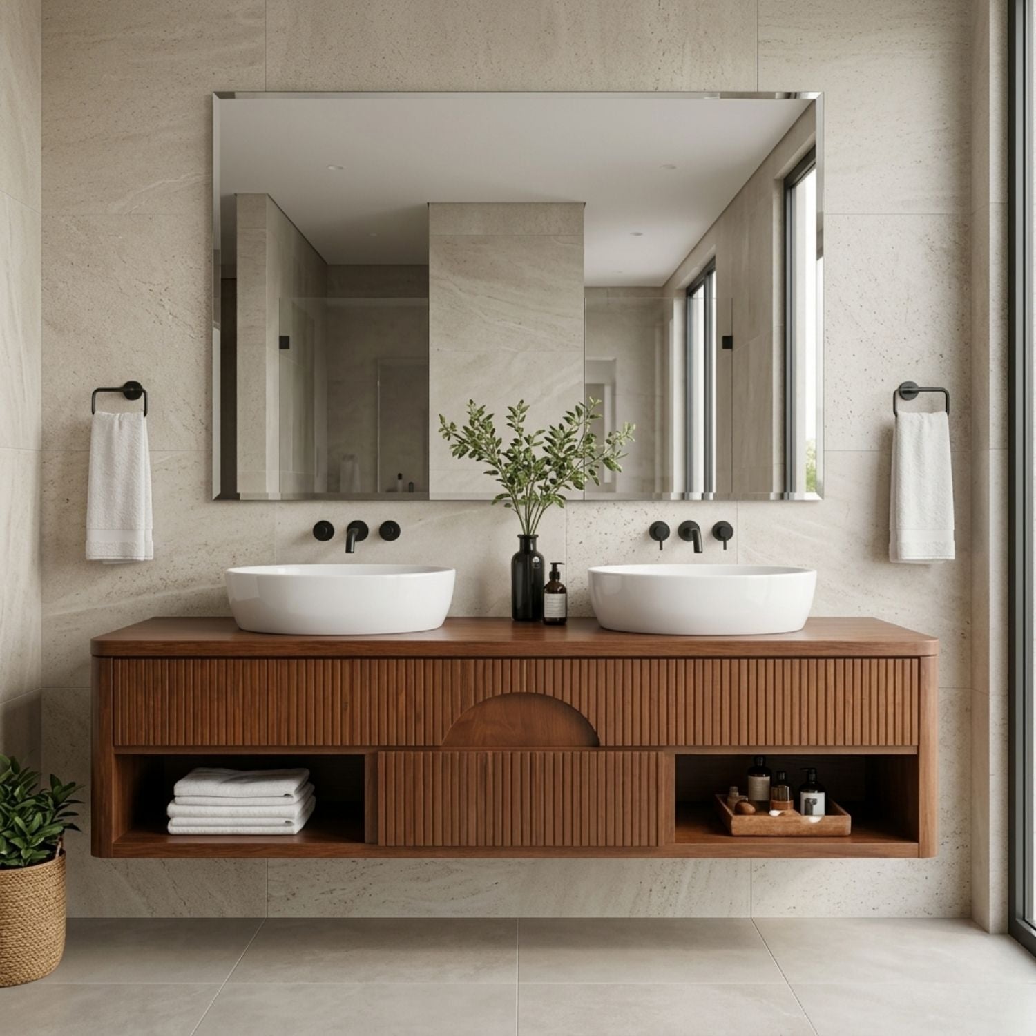 Floating Bathroom Vanity with Fluted Wood Front and Center Arch Drawer Design