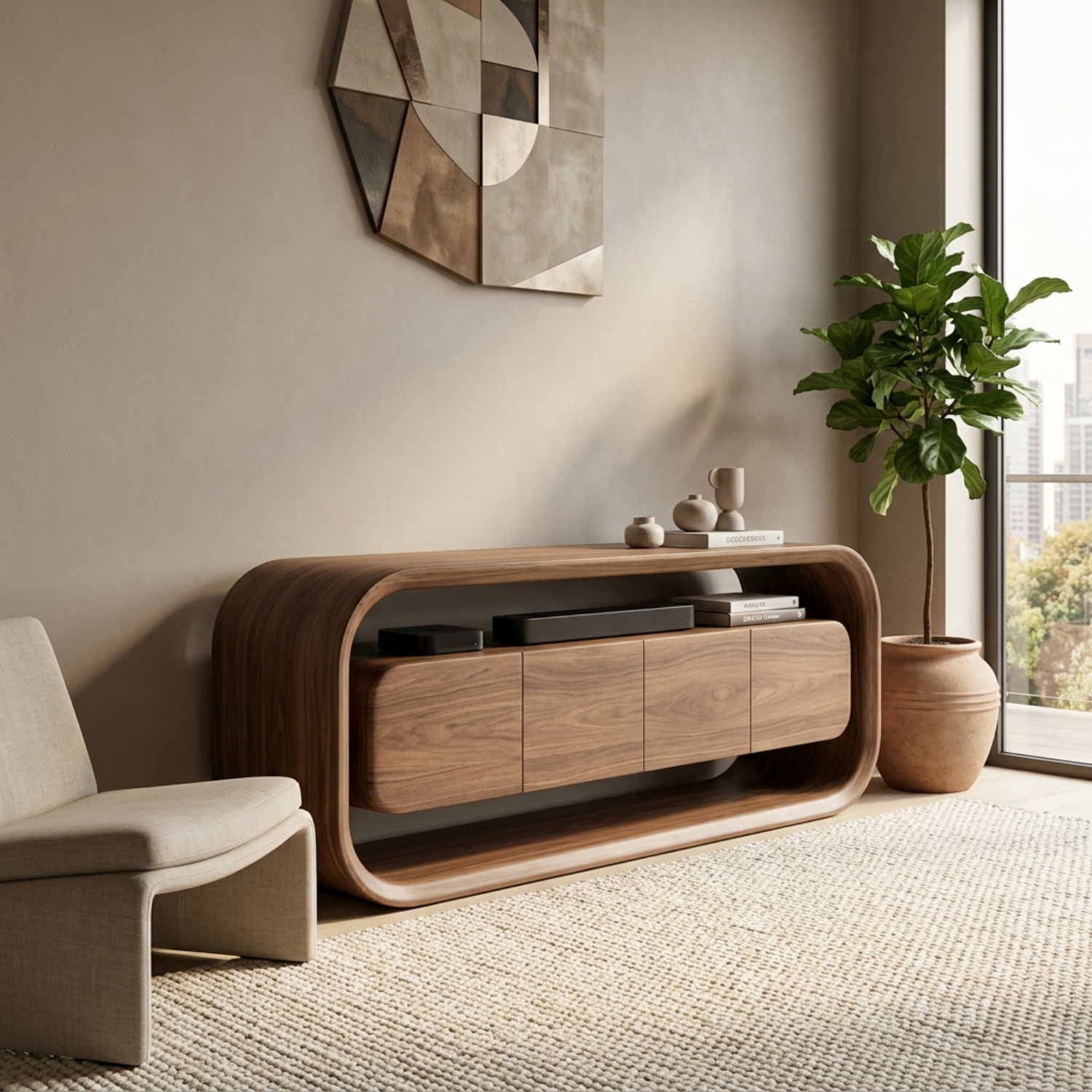 Solid Wood TV Stand with Sculpted Rounded Frame and Floating Cabinet Storage