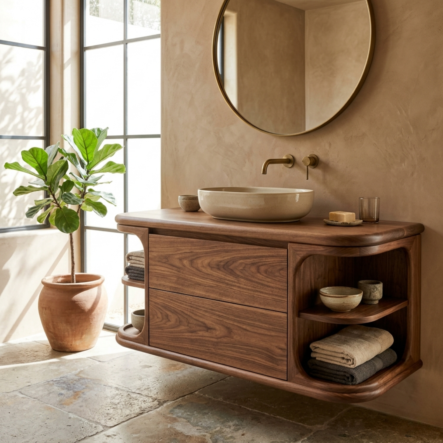 Floating Solid Wood Bathroom Vanity with Drawer Storage and Rounded Side Shelves