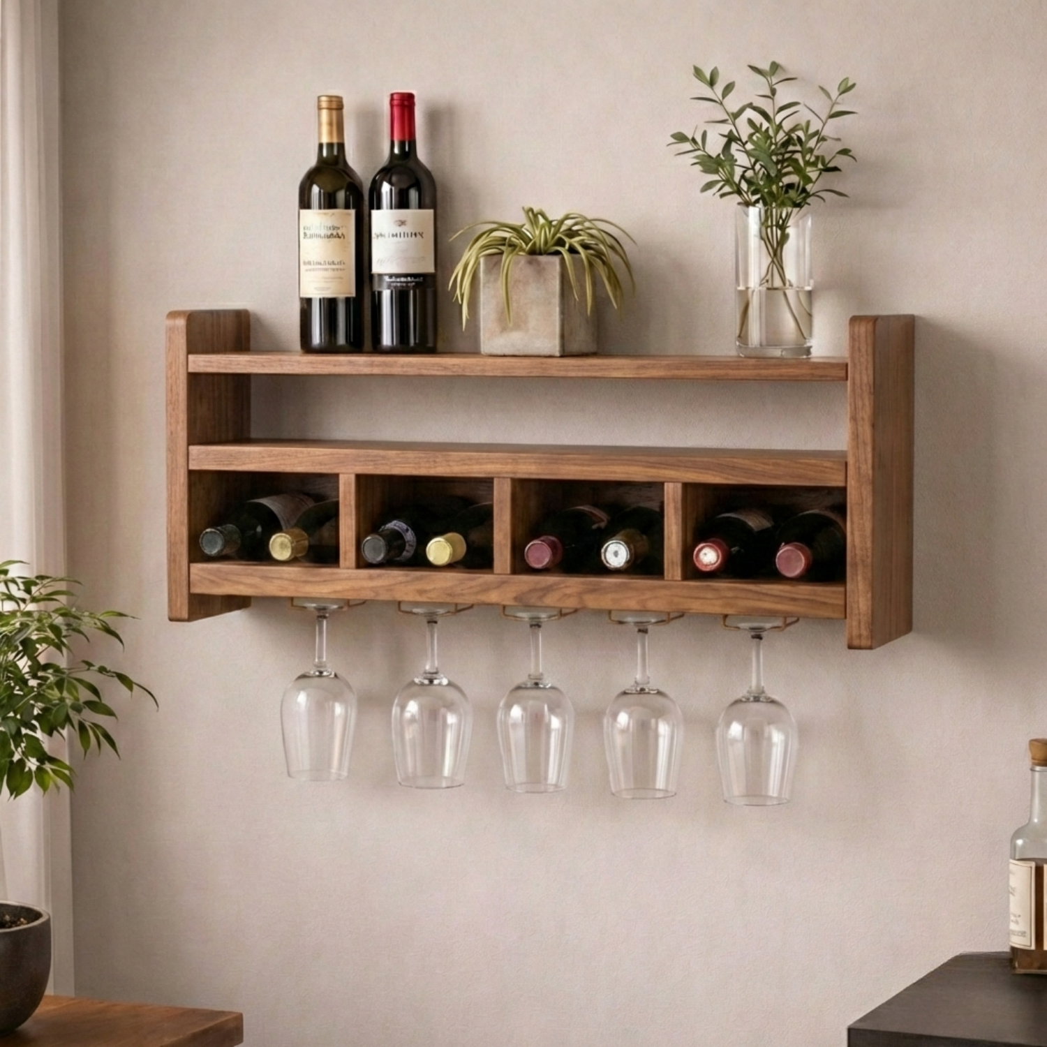 Handcrafted Wooden Wall Wine Rack with Glass Holder – Modern Home Bar Shelf
