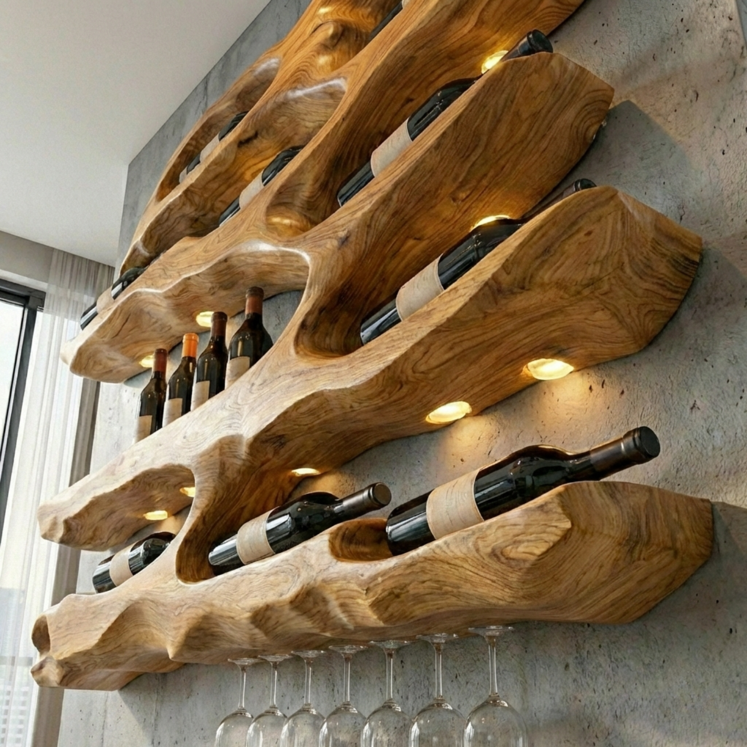 Handcrafted Solid Wood Wall Wine Holder – Live Edge Sculptural Wine Rack with Glass Holder