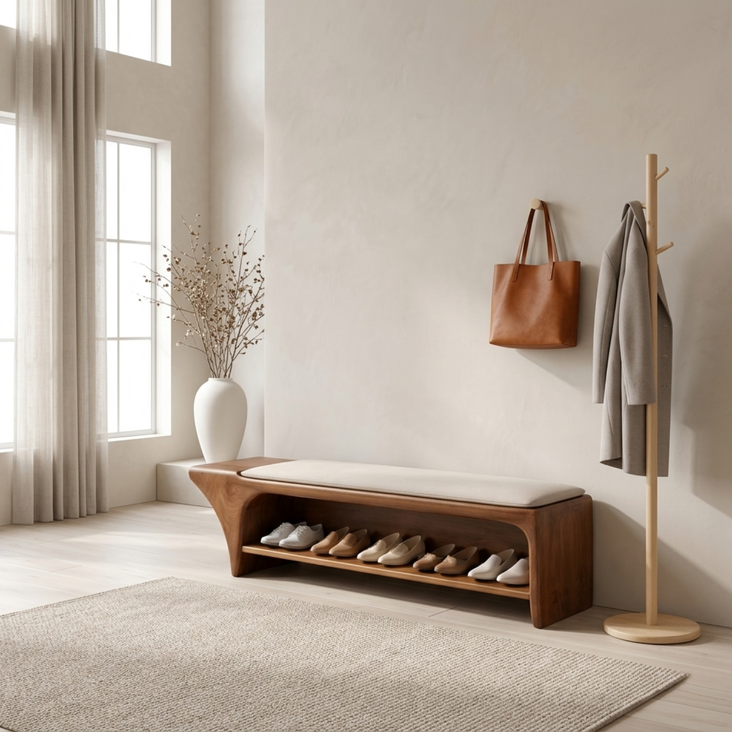 Curved Solid Wood Shoe Storage Bench with Open Shelf – Minimalist Entryway Bench