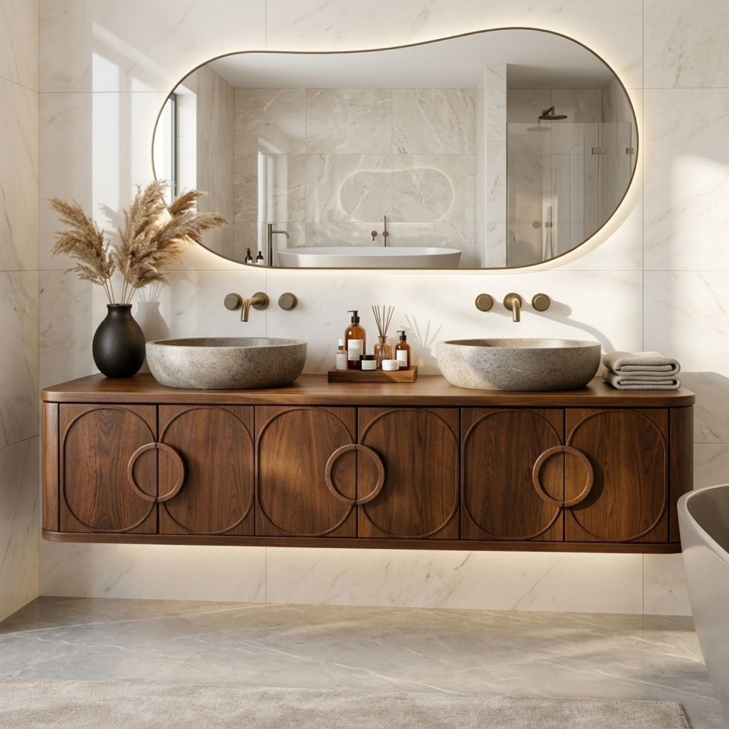 Floating Bathroom Vanity with Circular Carved Doors and Sculptural Ring Handles