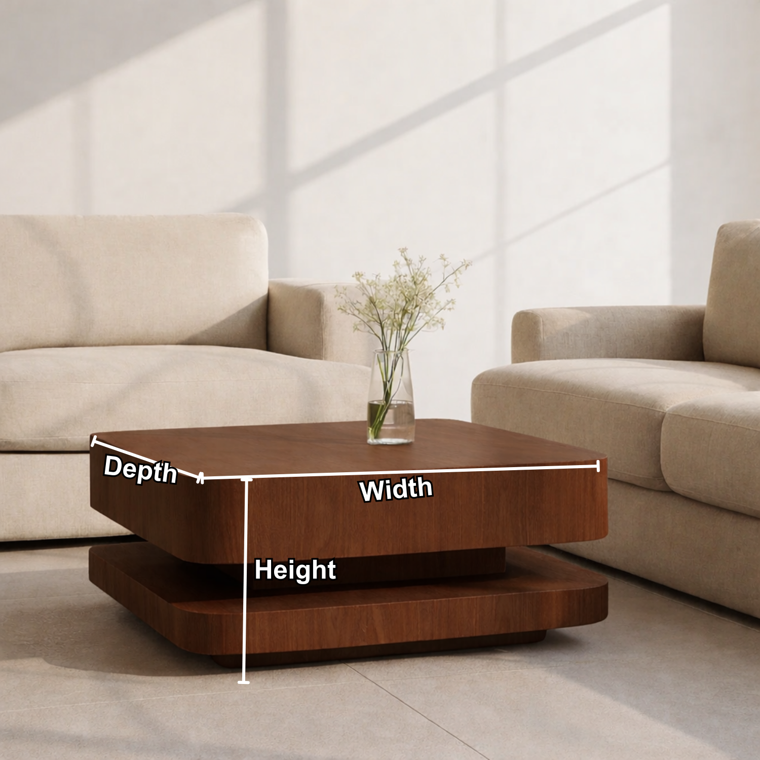 Solid Wood Coffee Table with Rounded Corners – Modern Minimalist Walnut Living Room Table
