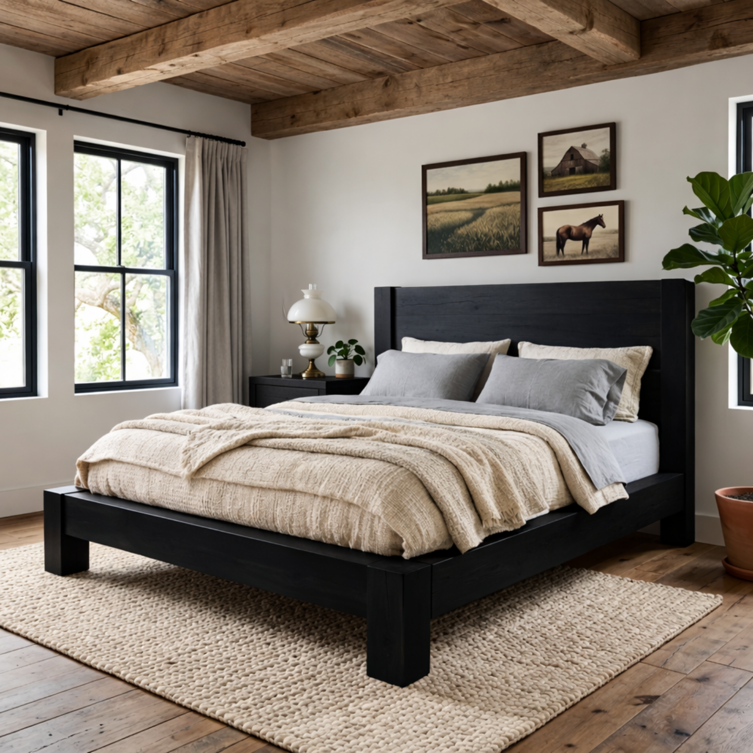 Rustic Solid Wood Bed Frame with Thick Block Legs and Panel Headboard