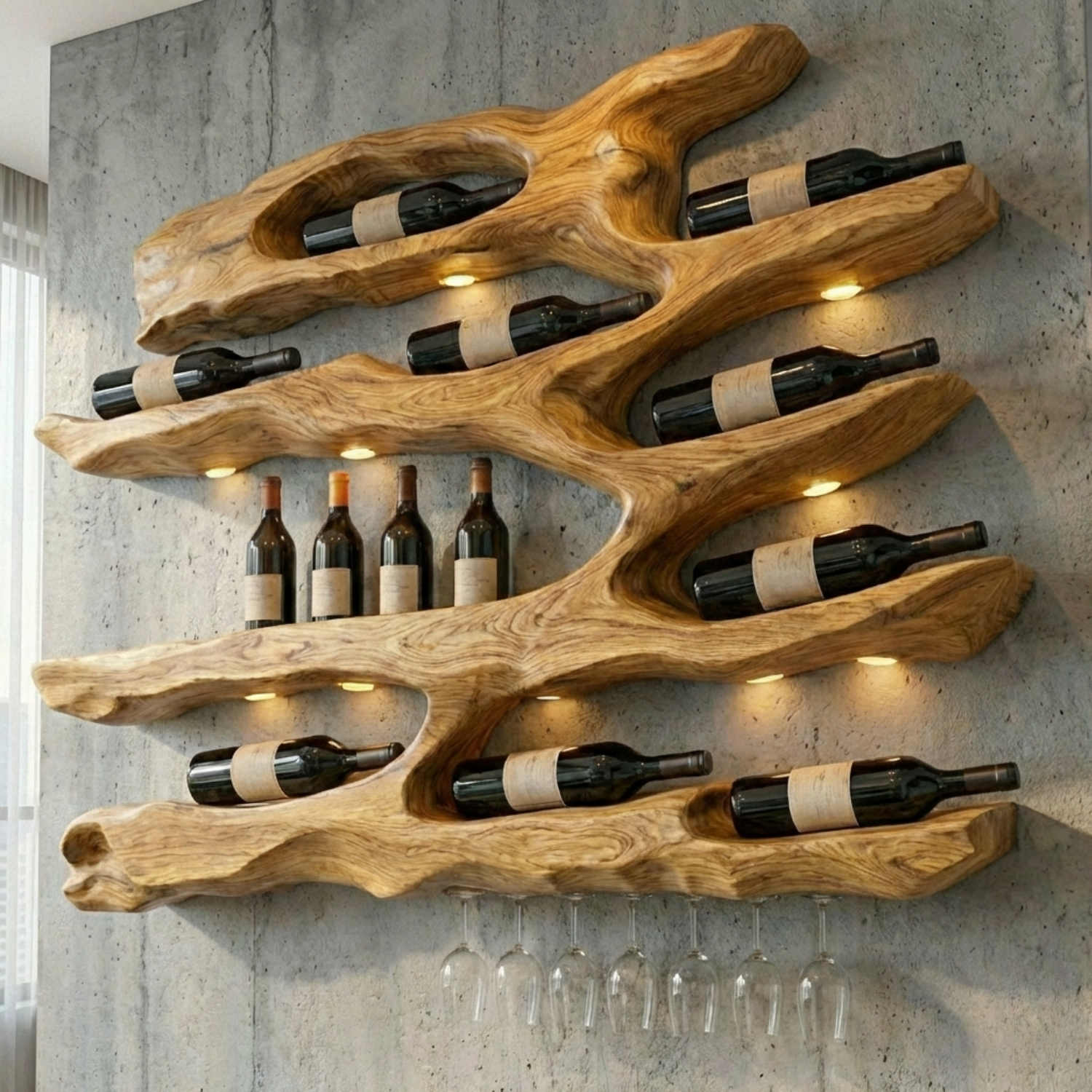 Handcrafted Solid Wood Wall Wine Holder – Live Edge Sculptural Wine Rack with Glass Holder