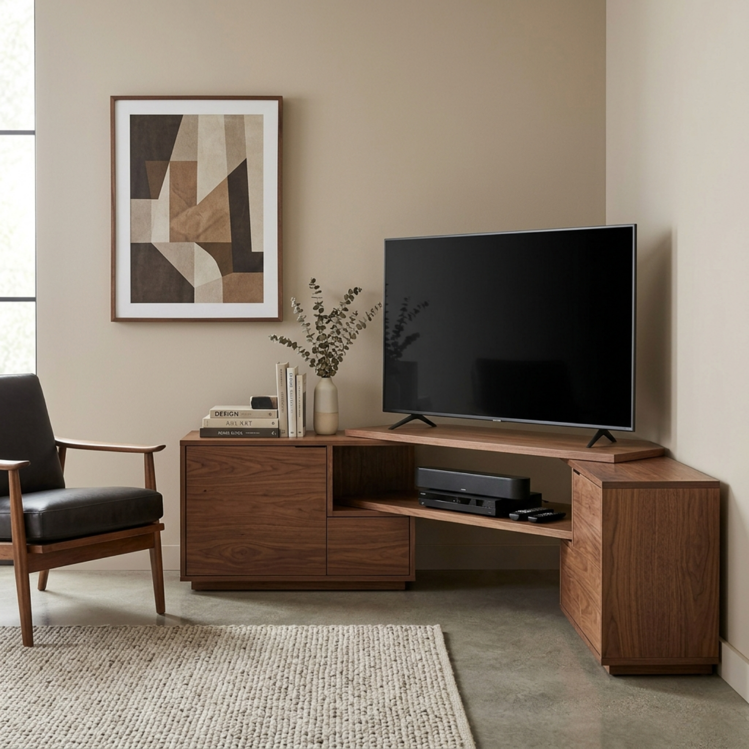 Solid Wood Corner TV Stand with Cabinet Storage and Extended Corner Media Shelf