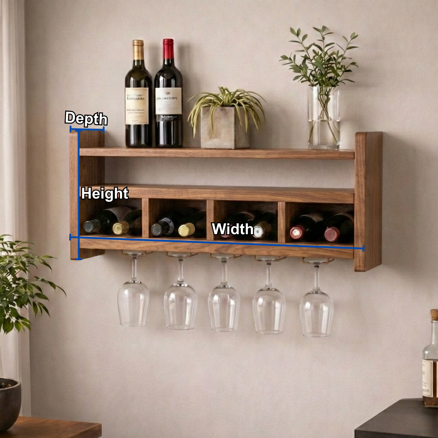Handcrafted Wooden Wall Wine Rack with Glass Holder – Modern Home Bar Shelf