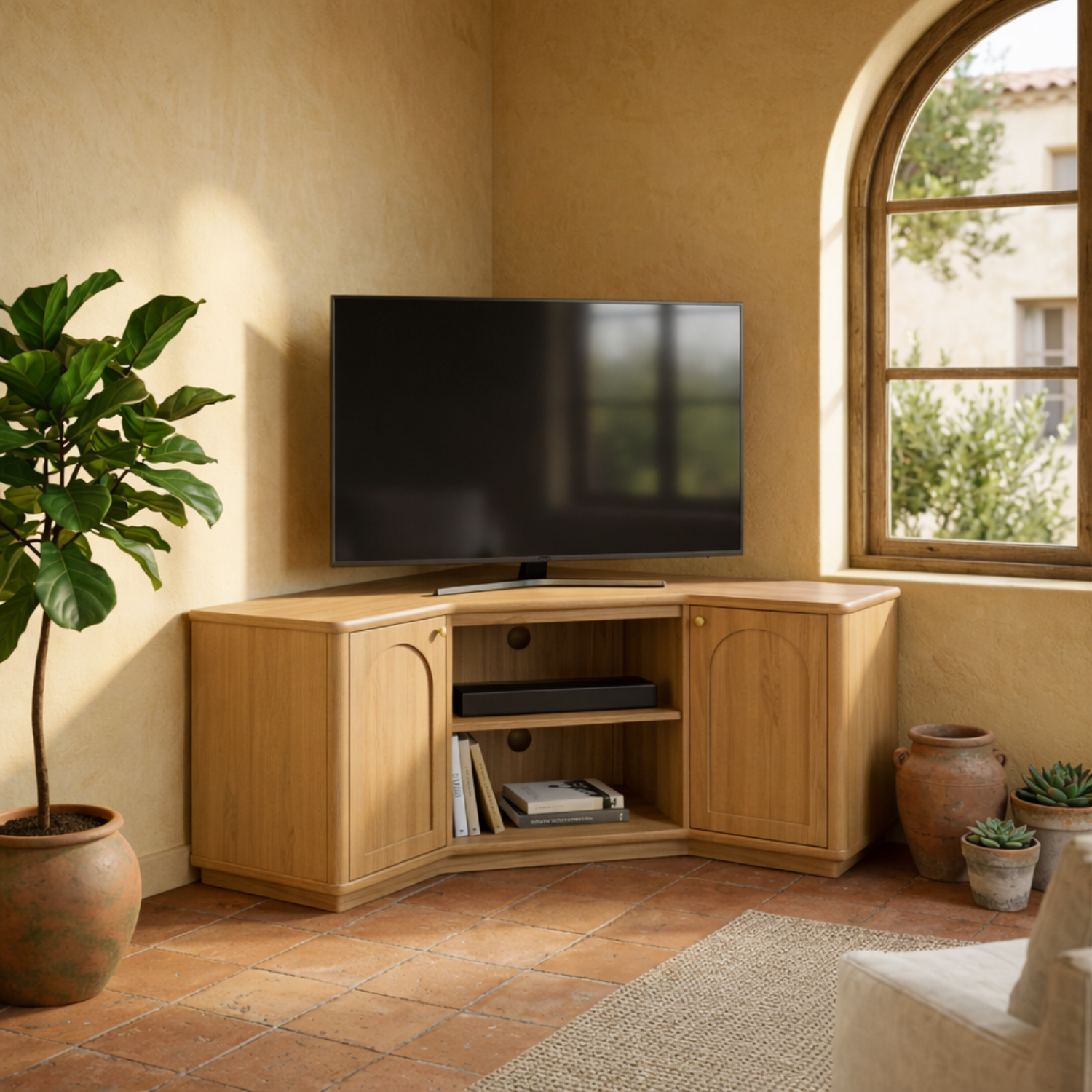 Solid Wood Corner TV Stand with Arched Cabinet Doors and Open Media Shelf