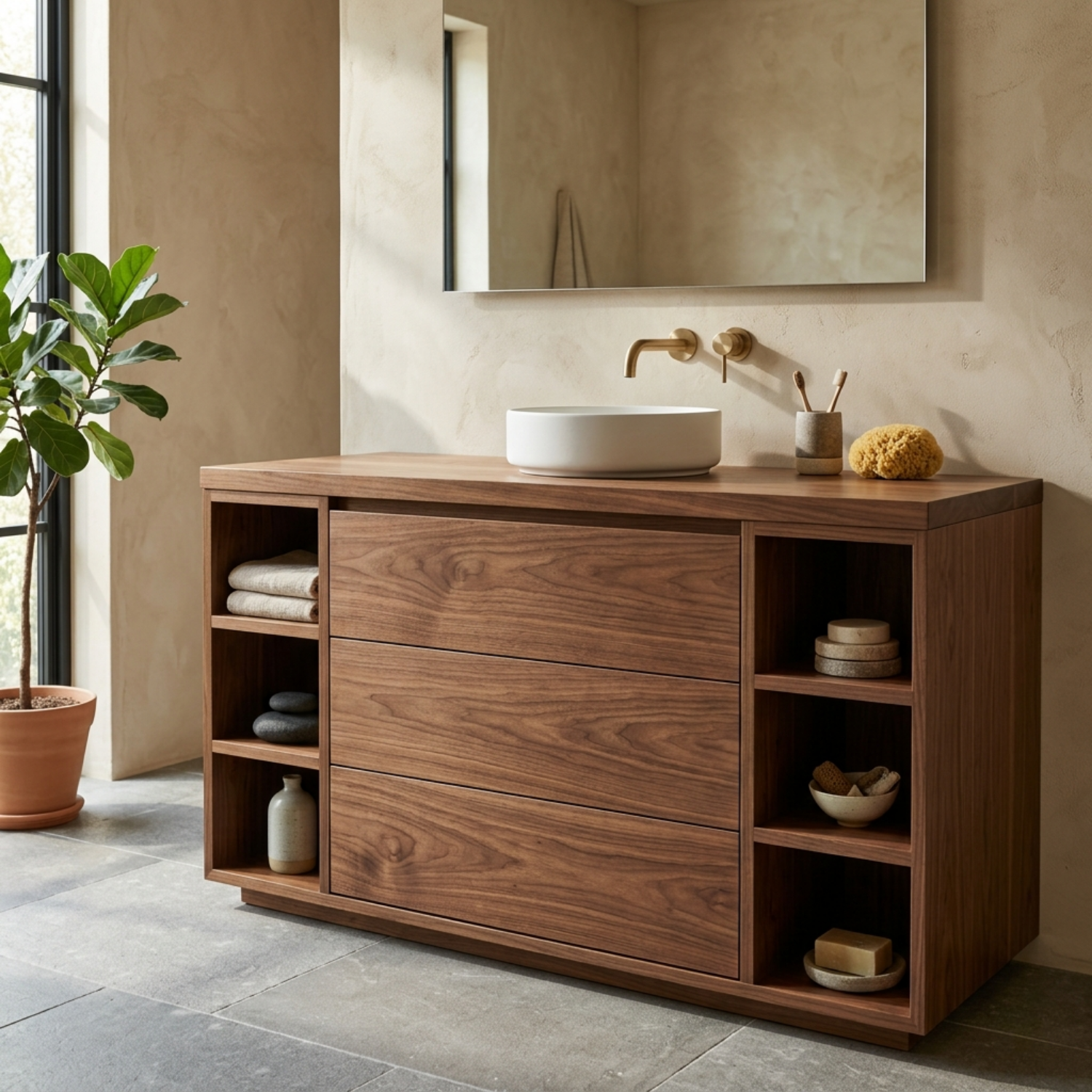 Solid Wood Bathroom Vanity with Three Drawers and Open Side Shelves on Both Sides