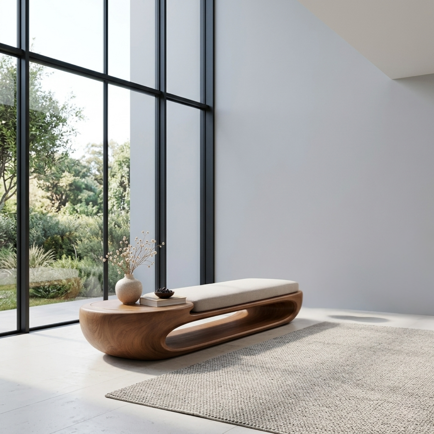 Organic Curved Solid Wood Entryway Bench with Sculptural Open Base Design
