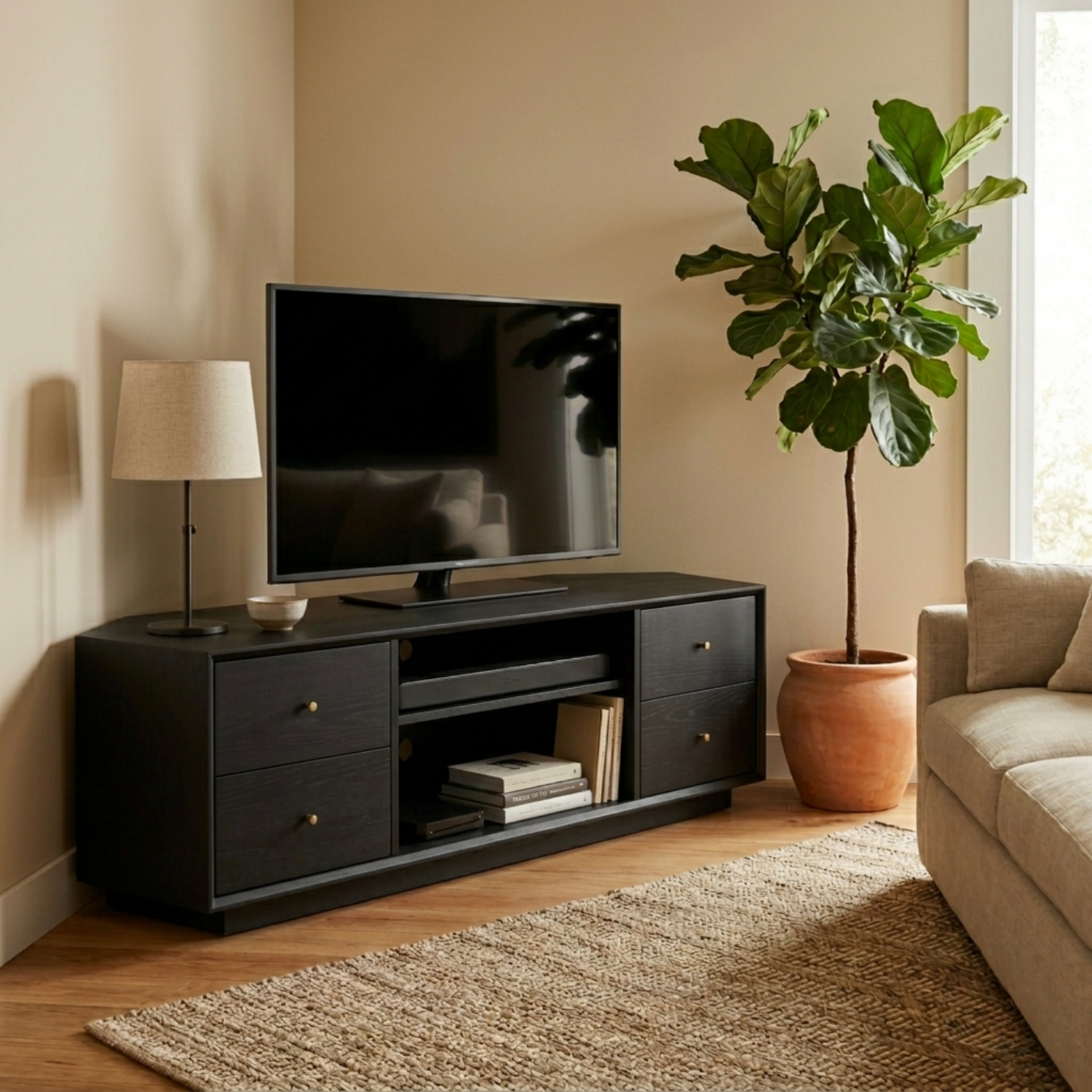 Solid Wood Corner TV Stand with Drawers and Open Media Shelf – Corner Media Console