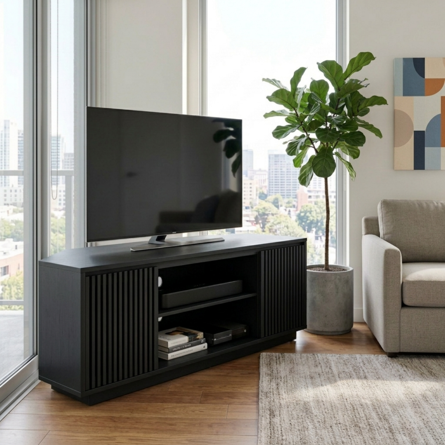 Solid Wood Corner TV Stand with Slatted Doors and Open Media Shelf