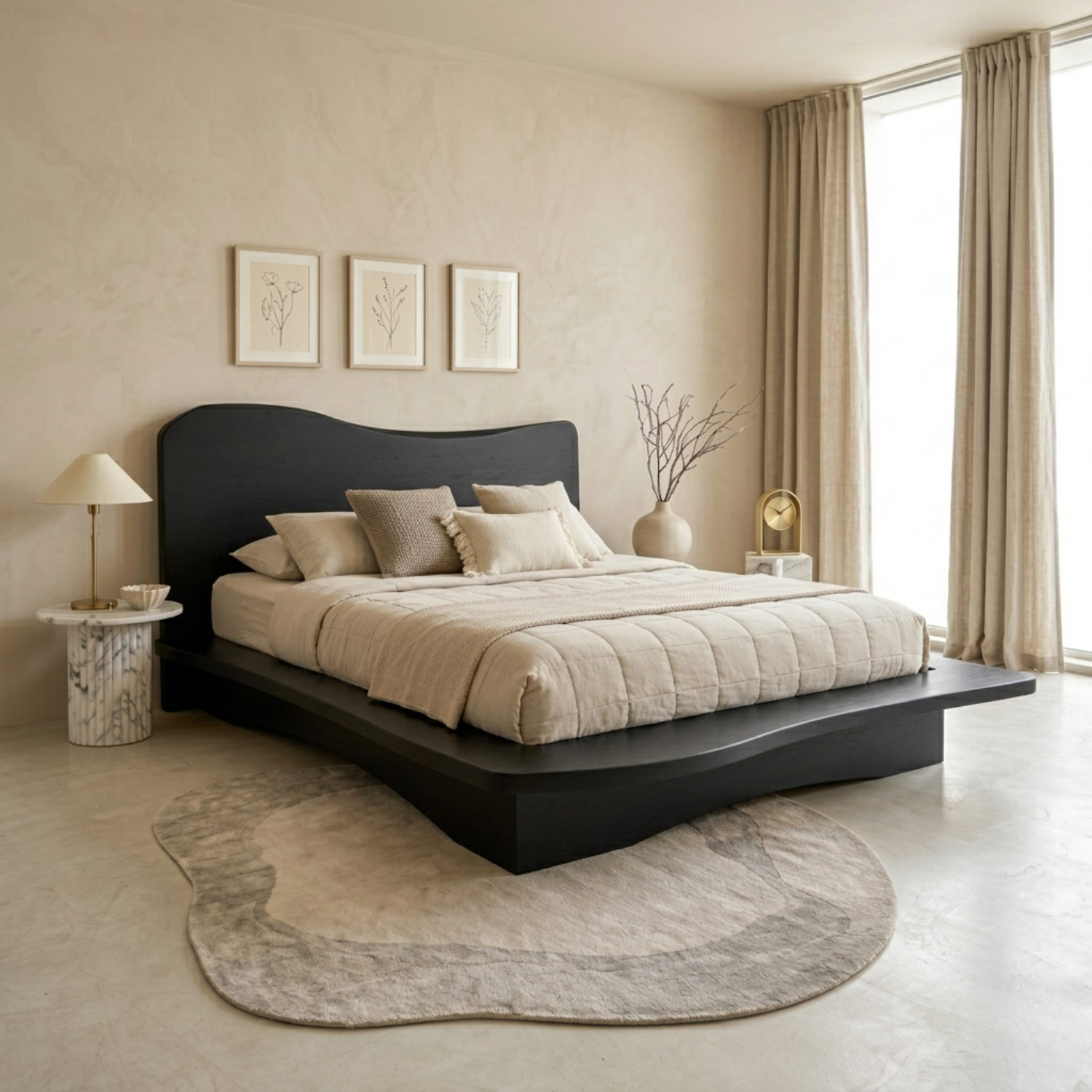 Solid Wood Platform Bed Frame with Sculpted Wave Headboard and Floating Base