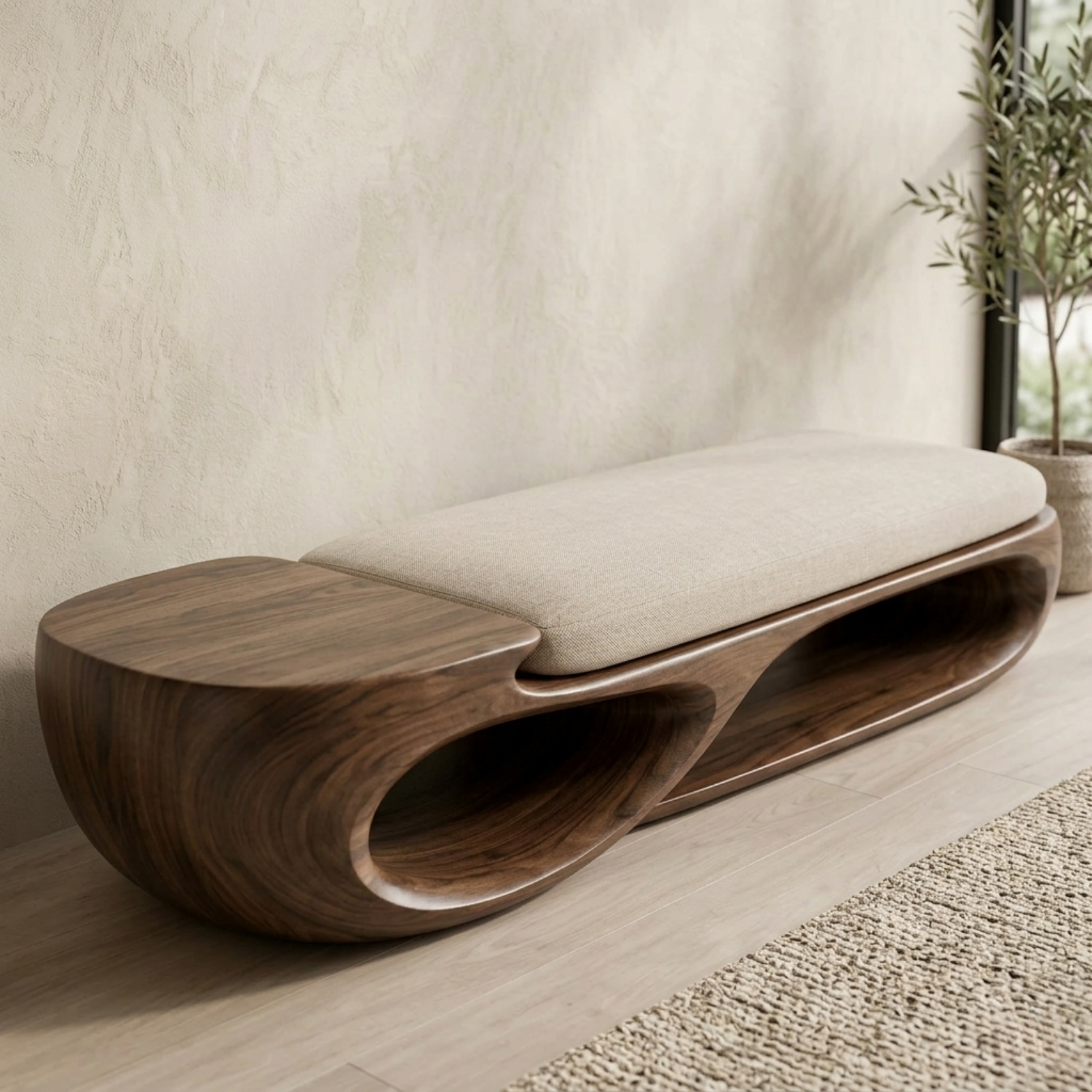Double Curve Solid Wood Entryway Bench – Sculptural Modern Organic Design