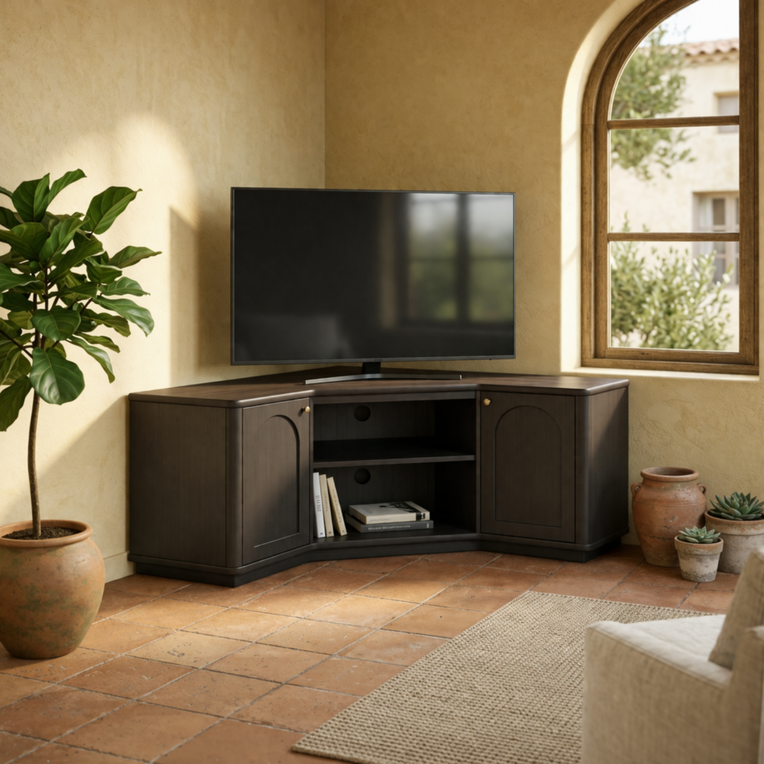 Solid Wood Corner TV Stand with Arched Cabinet Doors and Open Media Shelf
