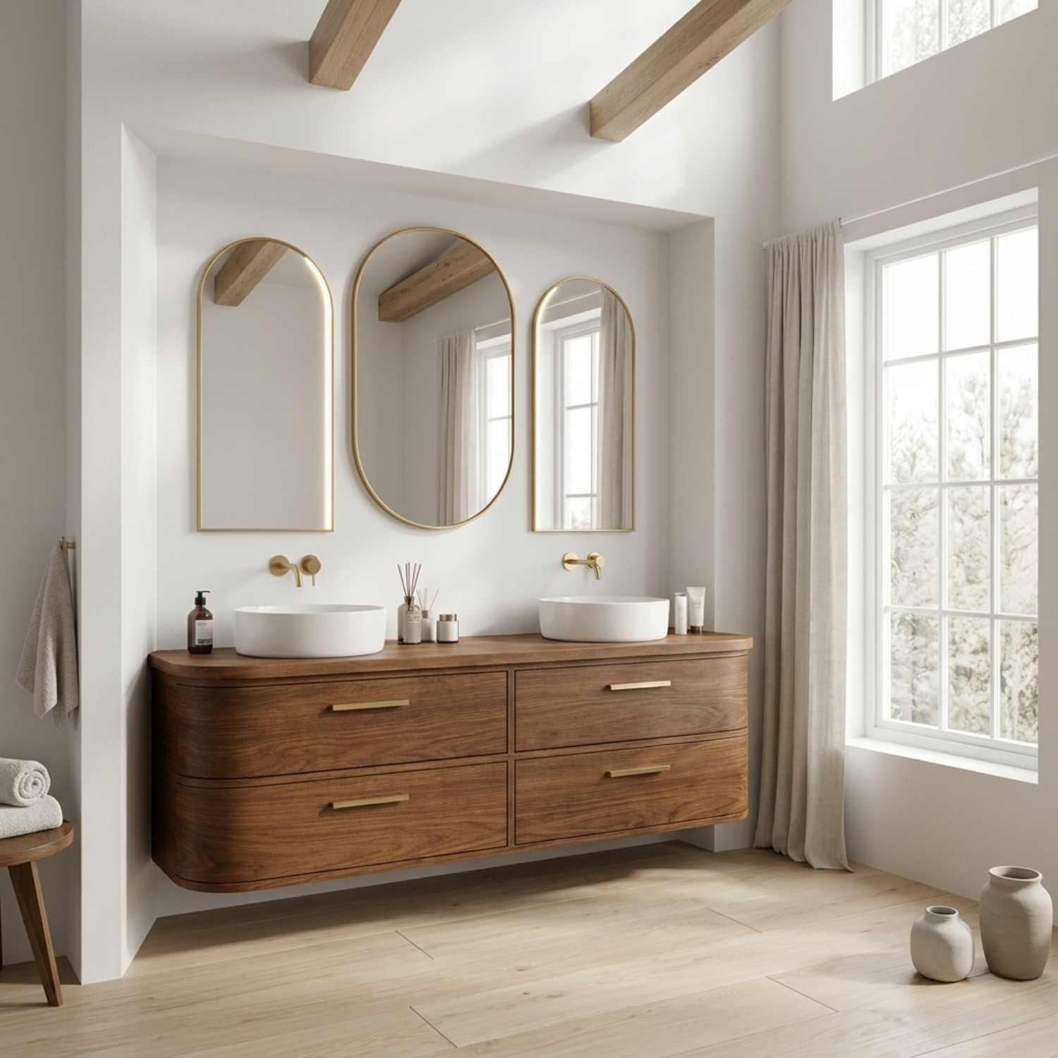 Handcrafted Curved Floating Double Vanity - Solid Wood Luxury Bathroom Cabinet