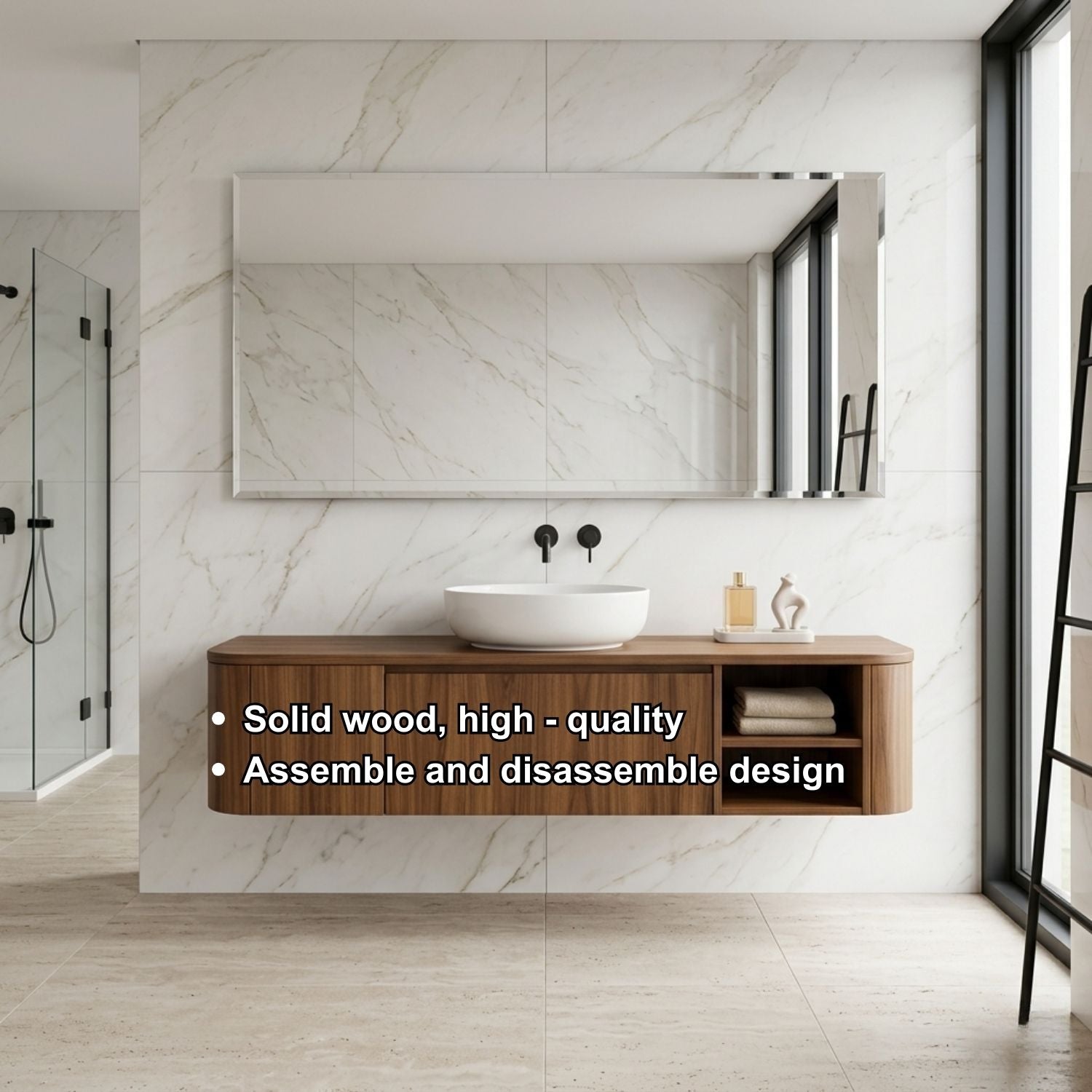 Floating Bathroom Vanity with Rounded Side Panel and Open Shelf Storage Cabinet