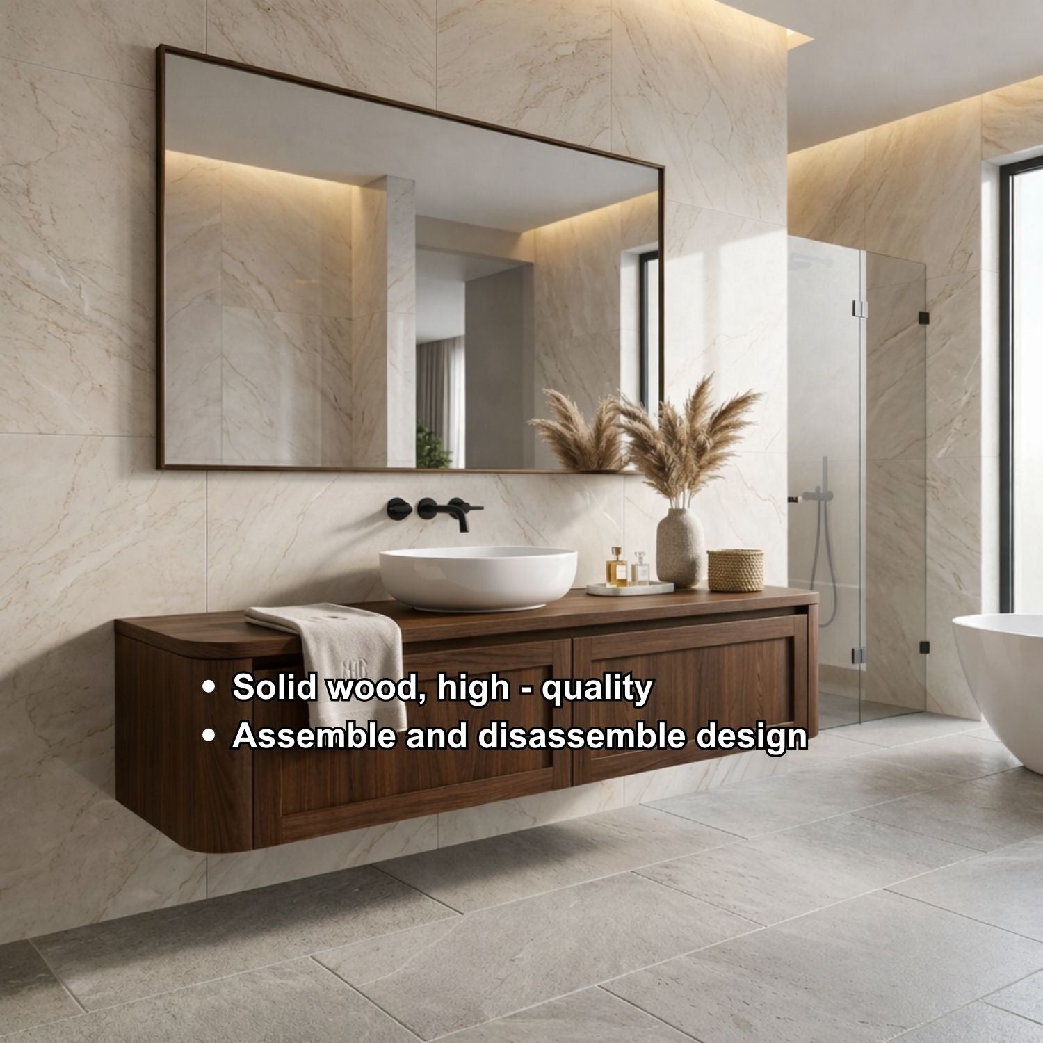 Floating Bathroom Vanity with Framed Panel Doors and Rounded Side Design
