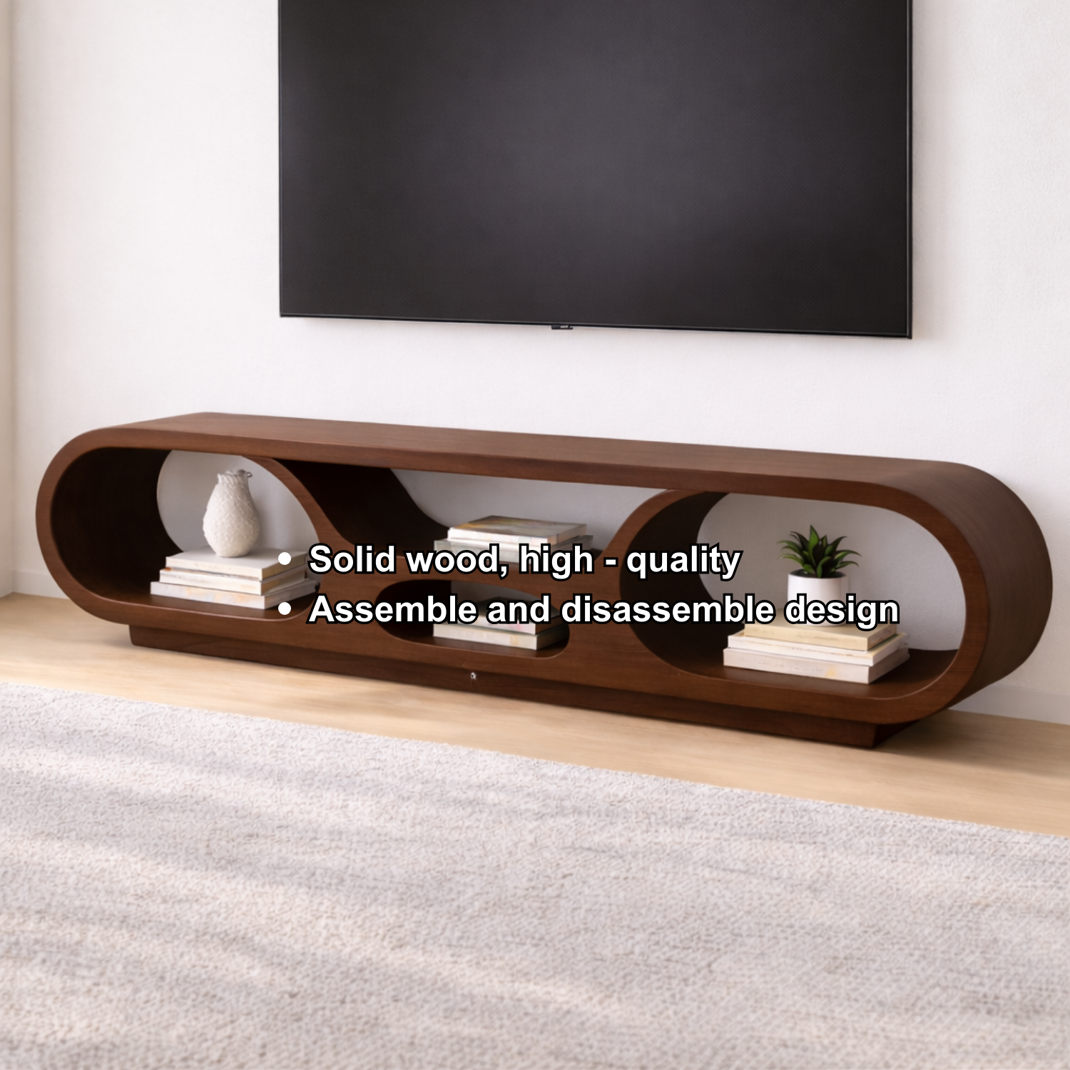 Solid Wood TV Stand with Open Storage and Modern Curved Design
