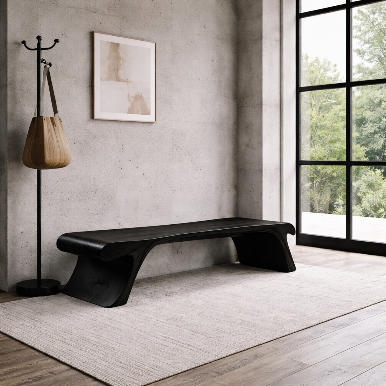Solid Wood Entryway Bench Low Profile Sculptural Design Modern Minimalist Seating