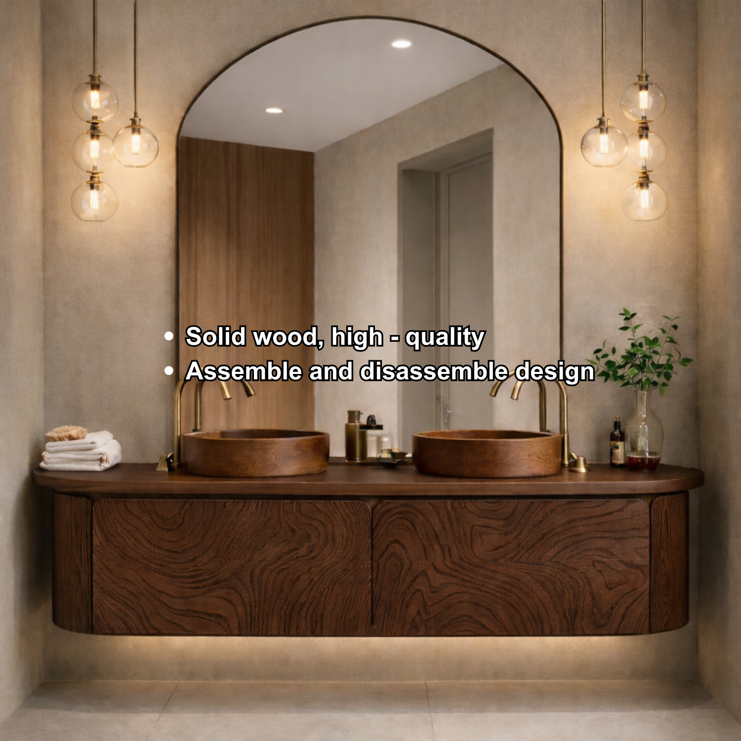 Floating Bathroom Vanity with Carved Wood Front and Rounded Edge Cabinet Design